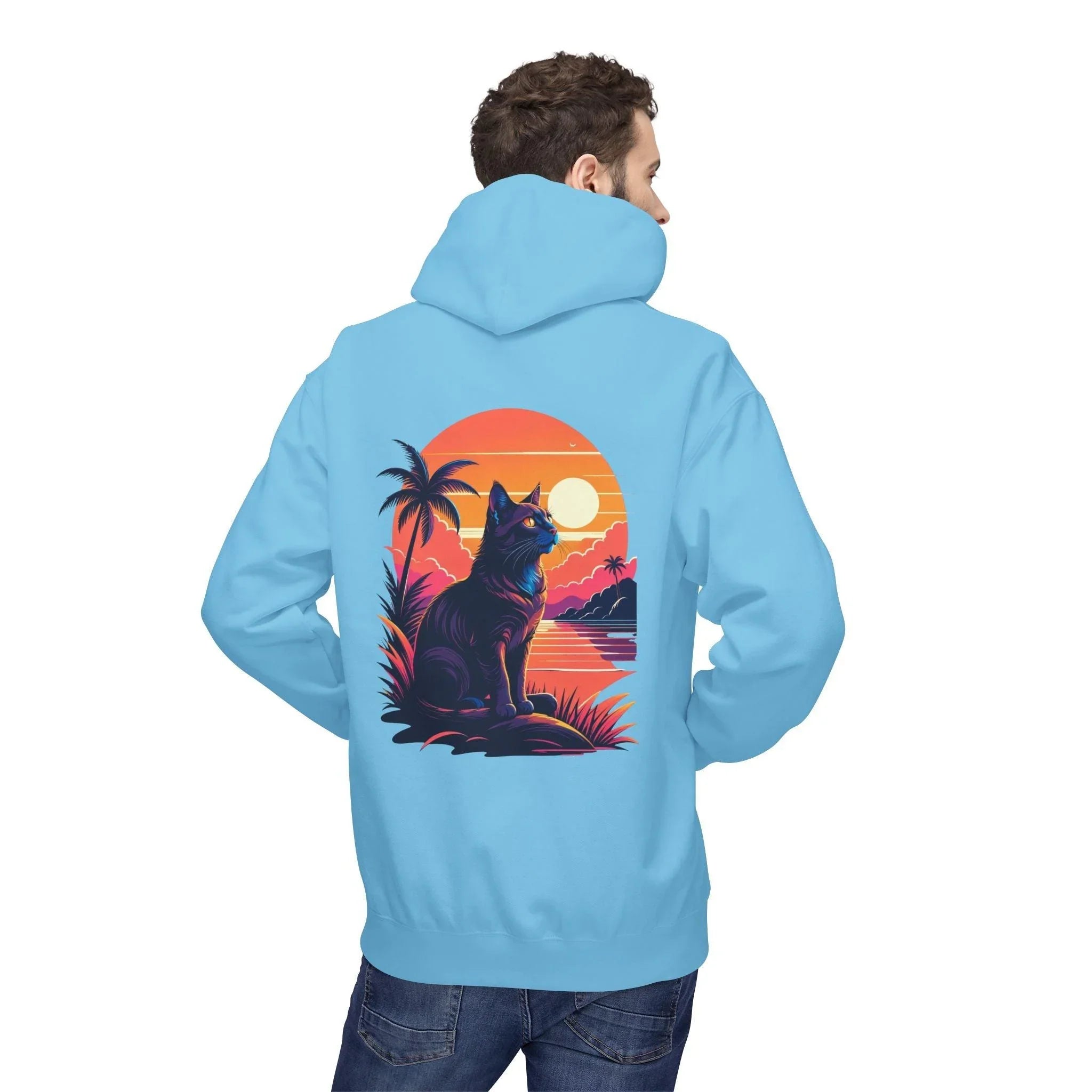 Cozy Cat Lover's Retro Sunset Fleece Hoodie
