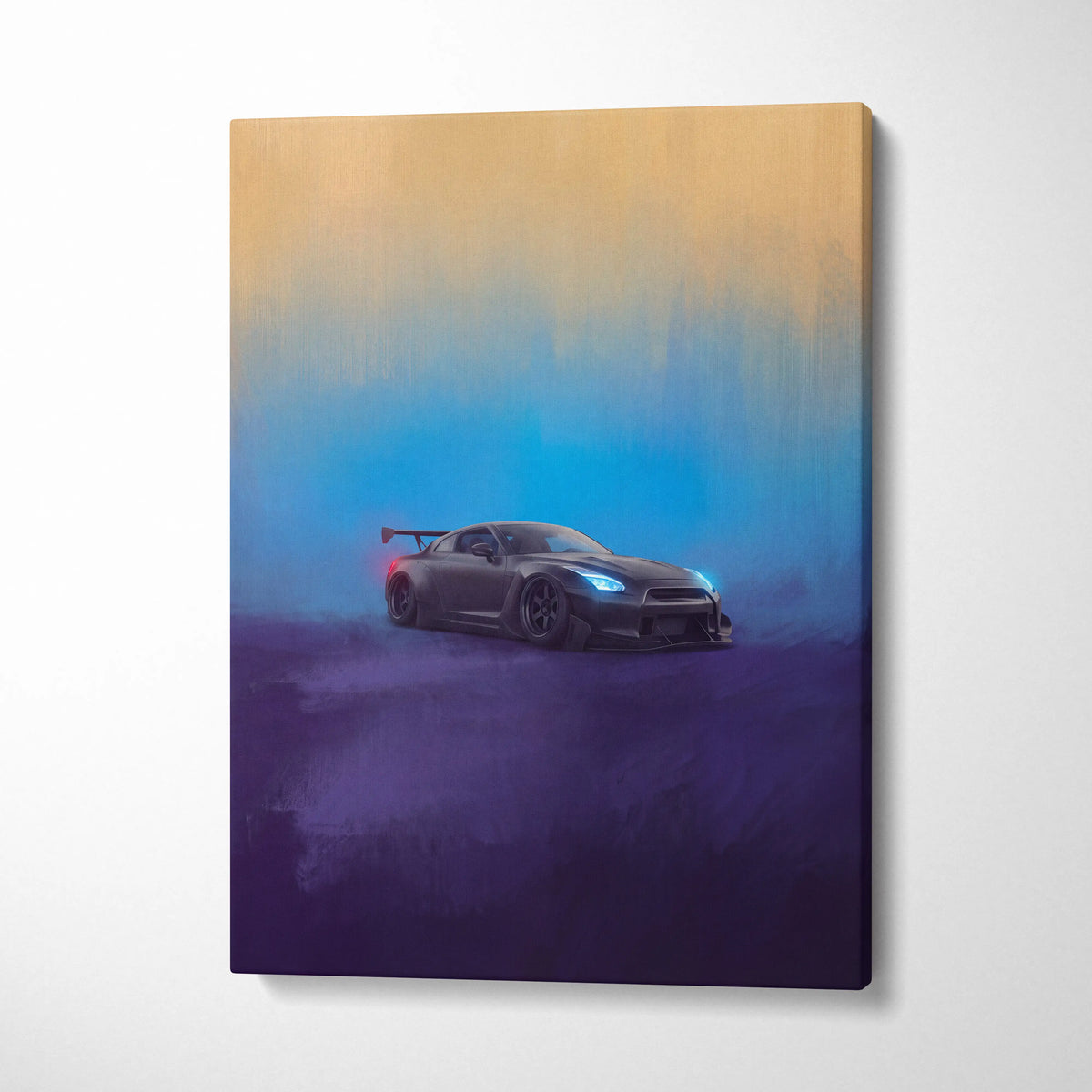 Matte black nissan gt-r r35 inspired canvas art with glowing blue headlights and red taillights for wall decor