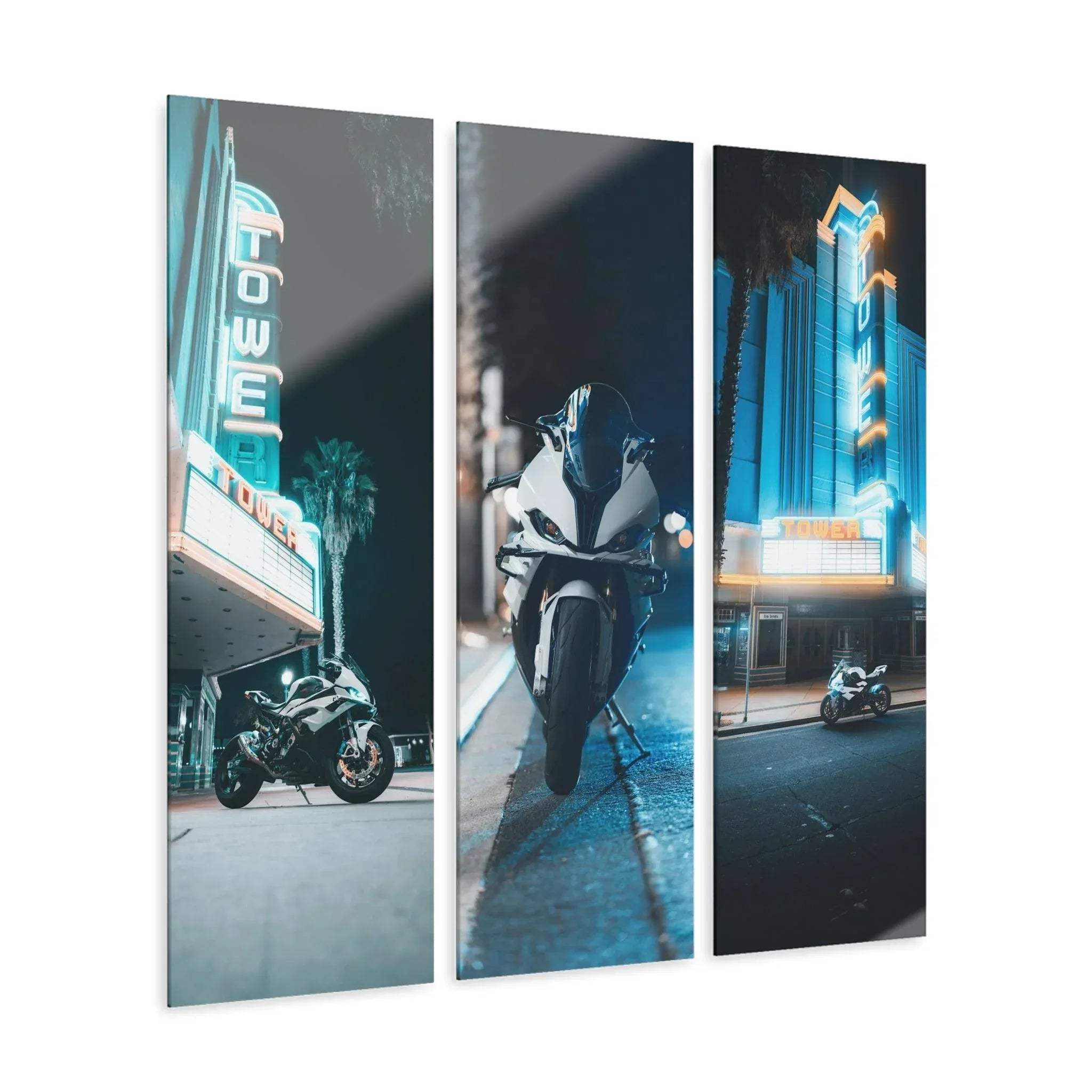 BMW S1000RR motorcycle nighttime triptych canvas art with neon city lights wall art decor.