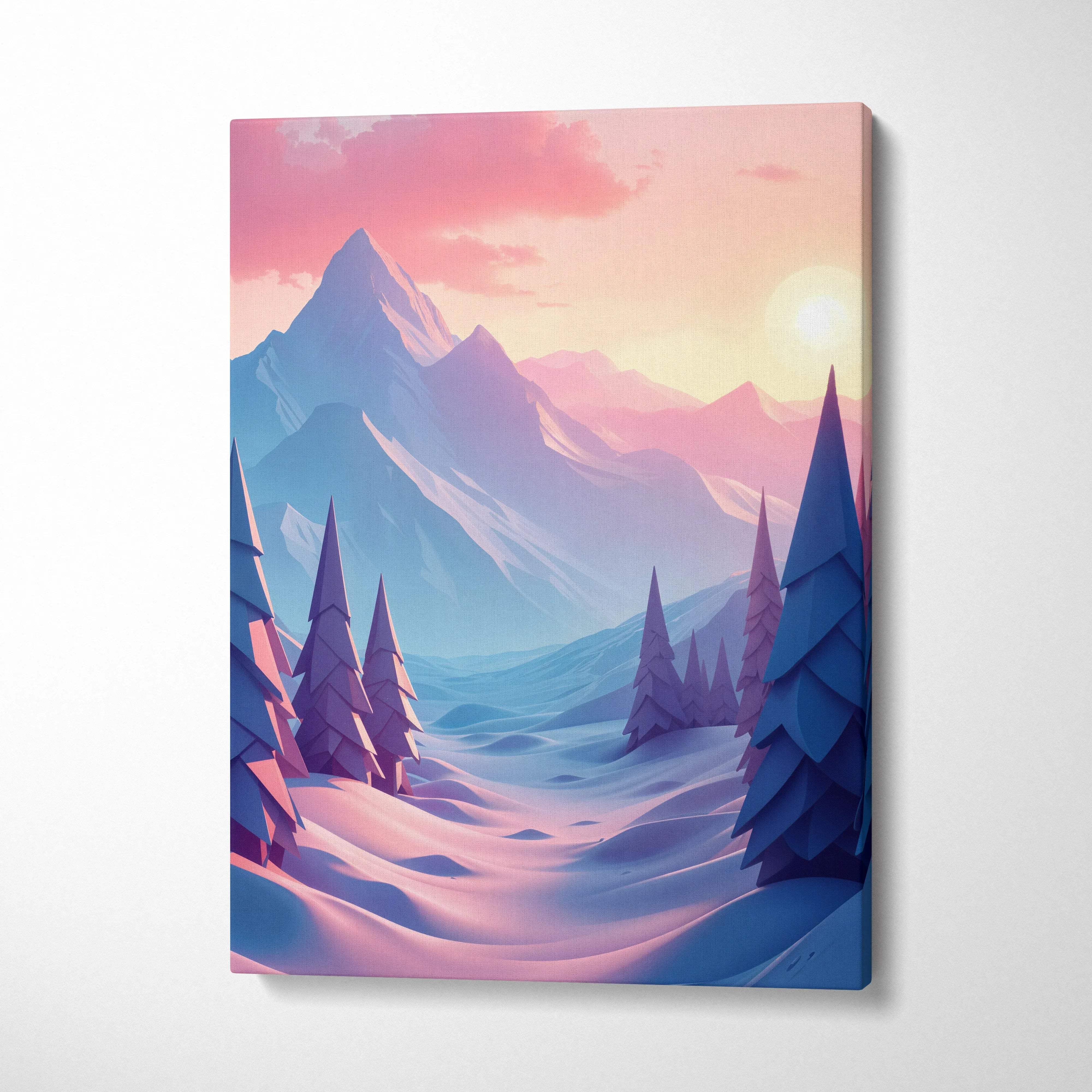 Stylized winter mountain landscape canvas with pines at sunset in peach lilac blue