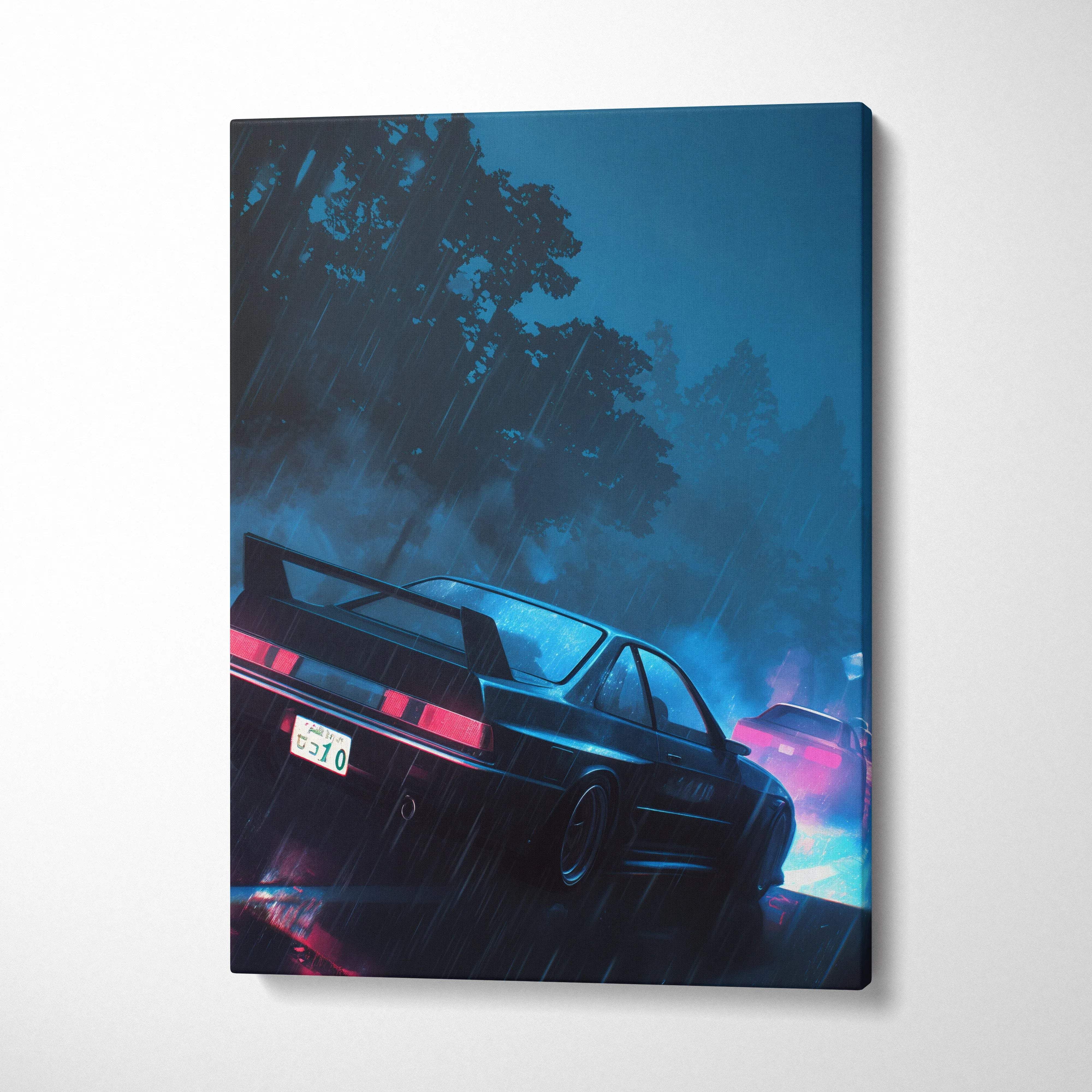 Nissan Skyline R32 GT-R canvas print speeding through neon rain