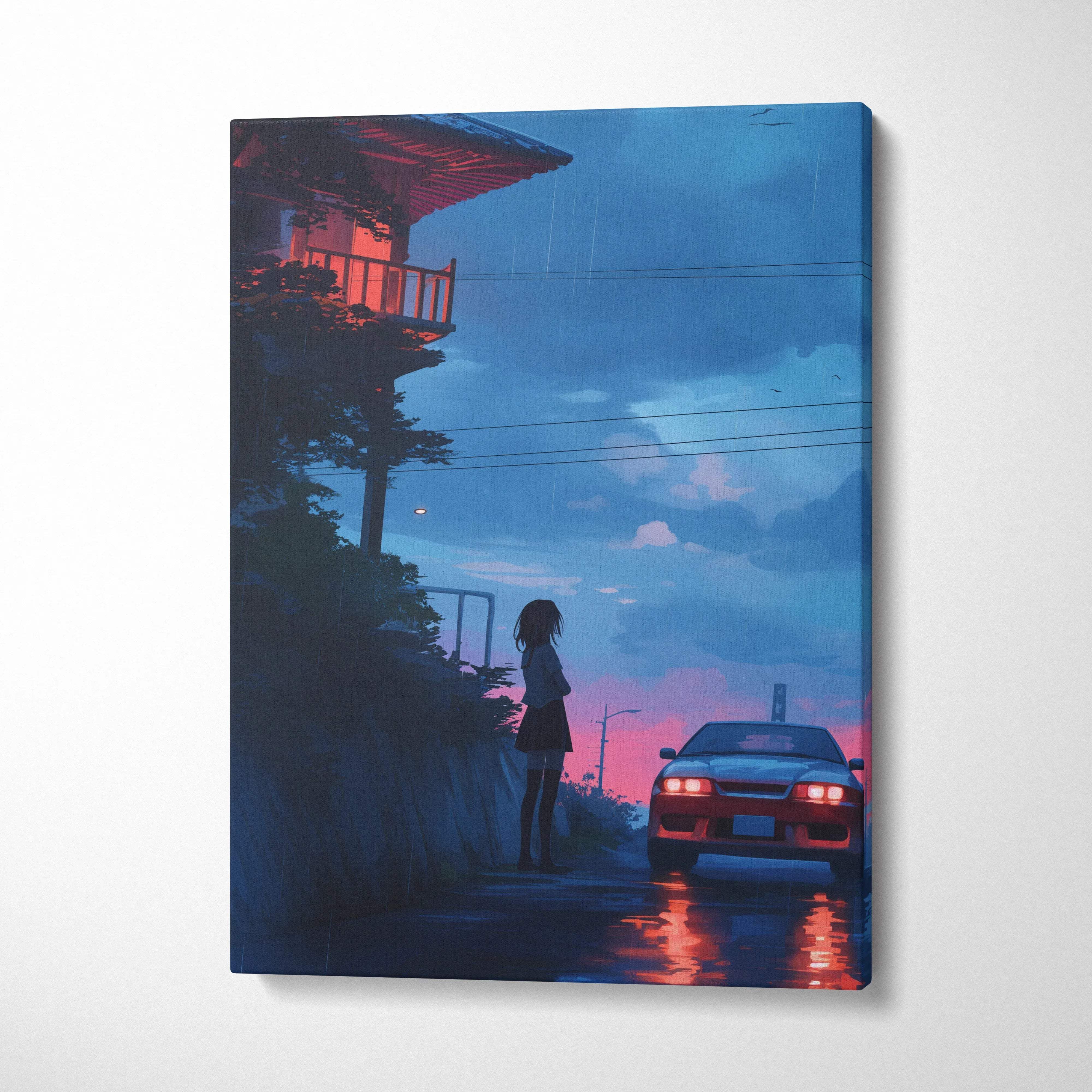 Nostalgic anime girl on rainy street by neon car, canvas wall art