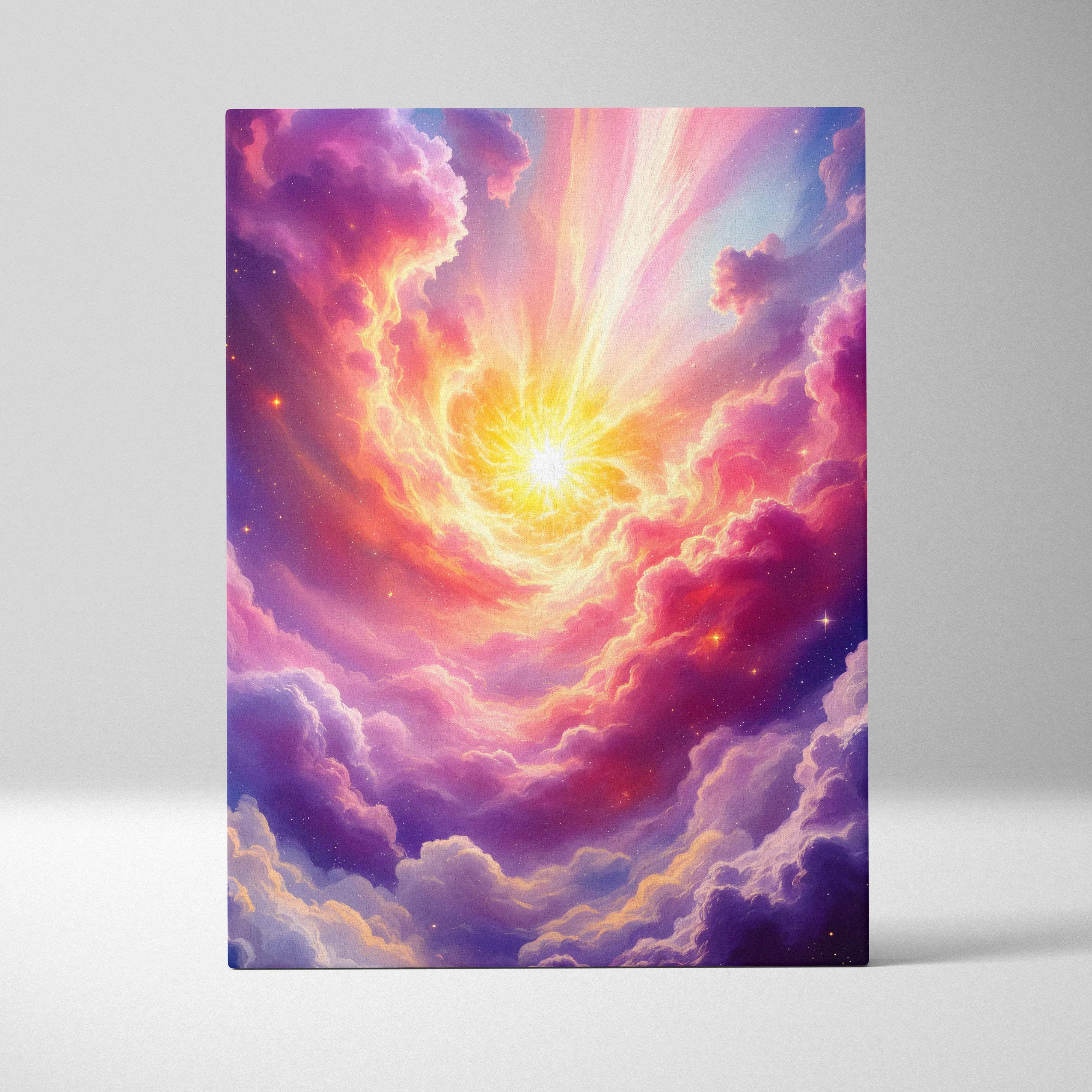Vibrant canvas print of surreal celestial sunburst with pink purple orange clouds