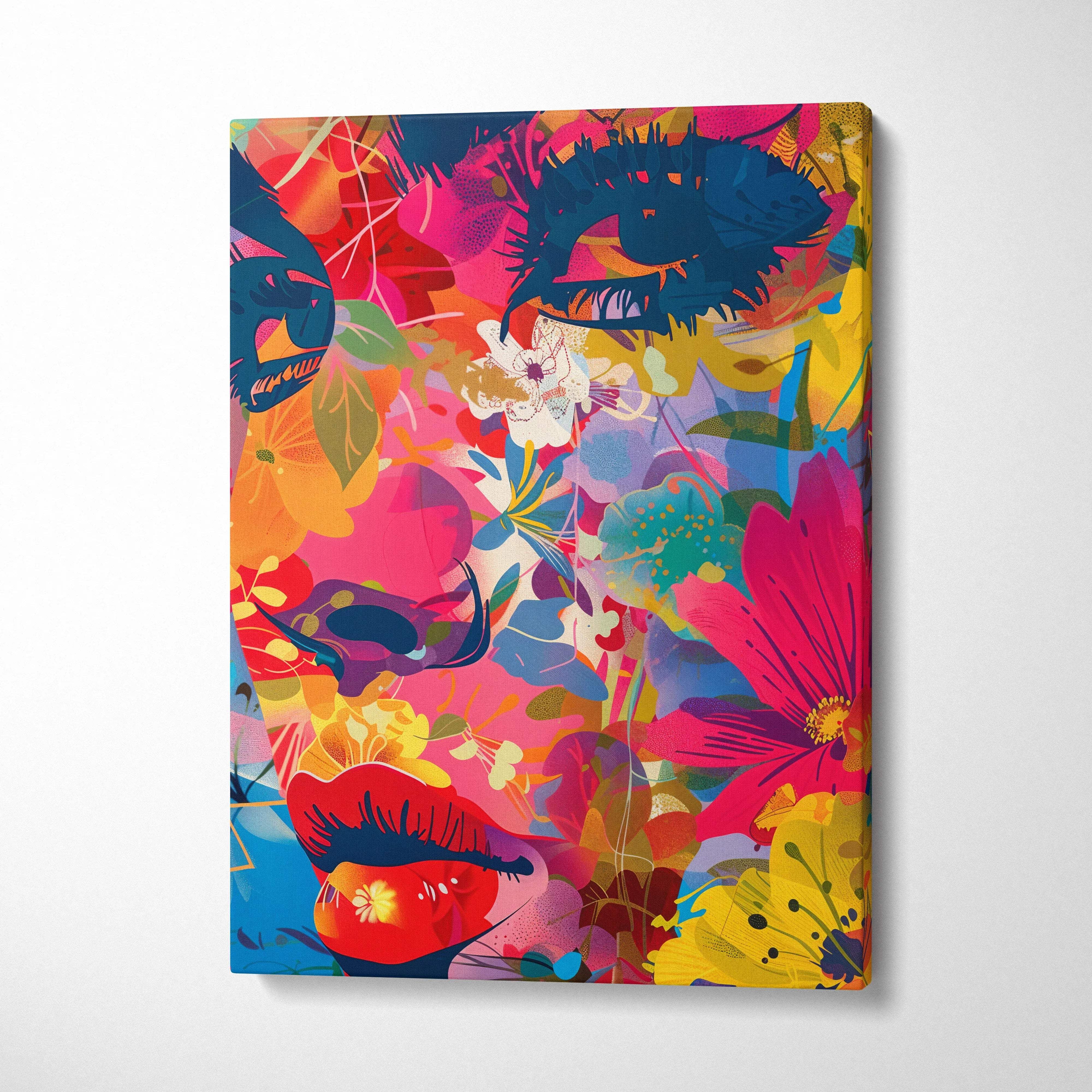 Vibrant abstract floral portrait canvas wall art in pink yellow blue red hues