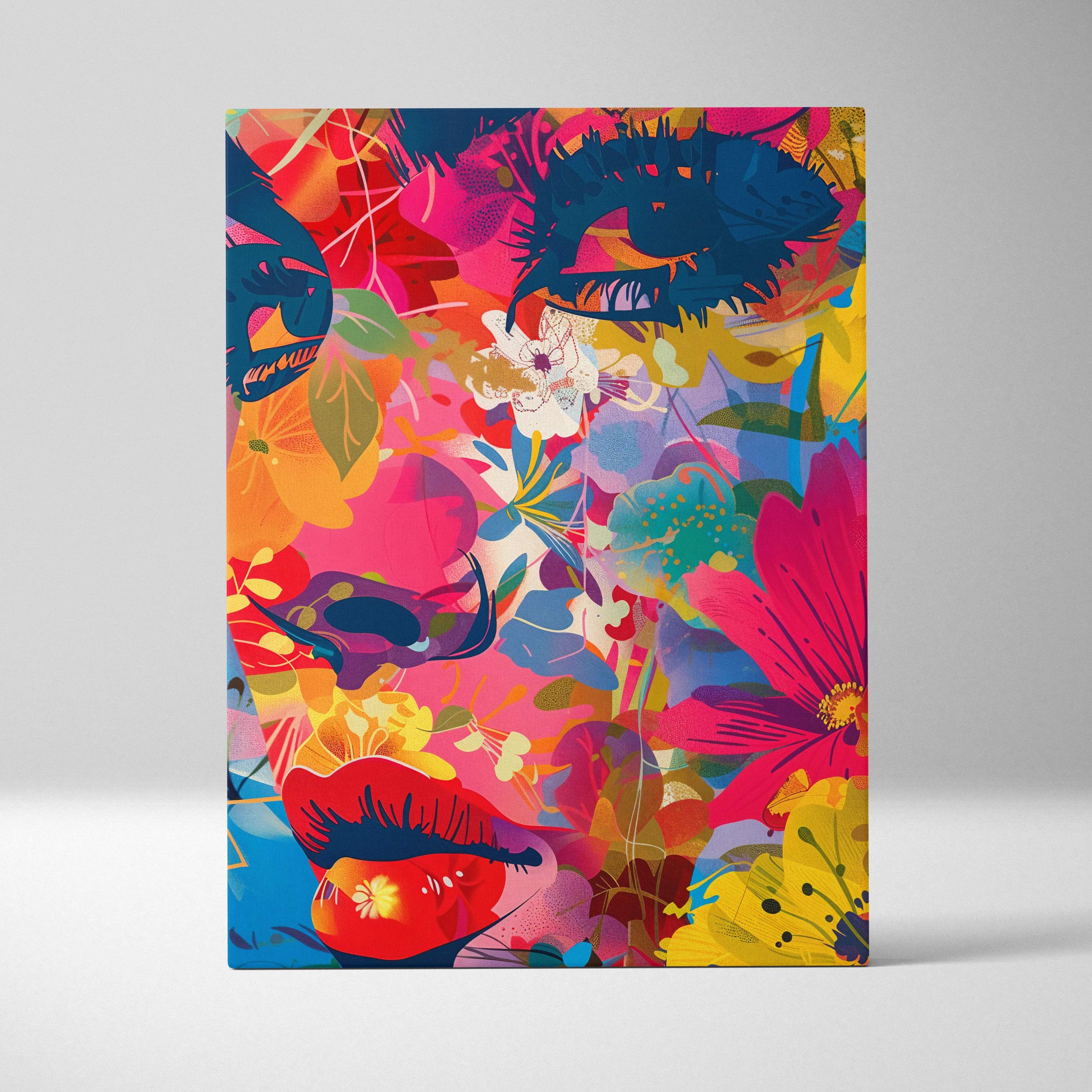 Vibrant canvas wall art with bold abstract floral portrait and colorful faces