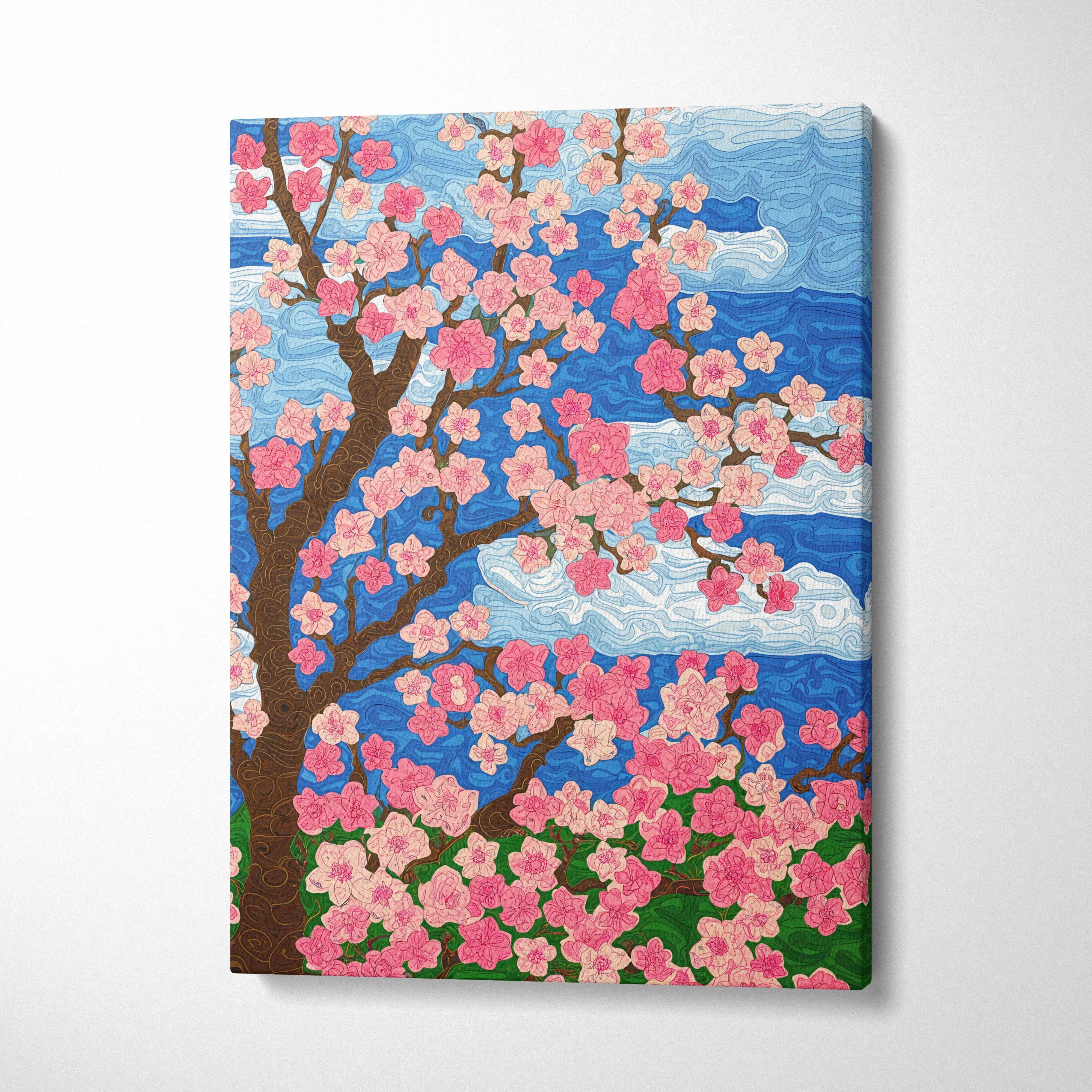 Canvas wall art of whimsical cherry blossom tree with pink flowers over blue sky