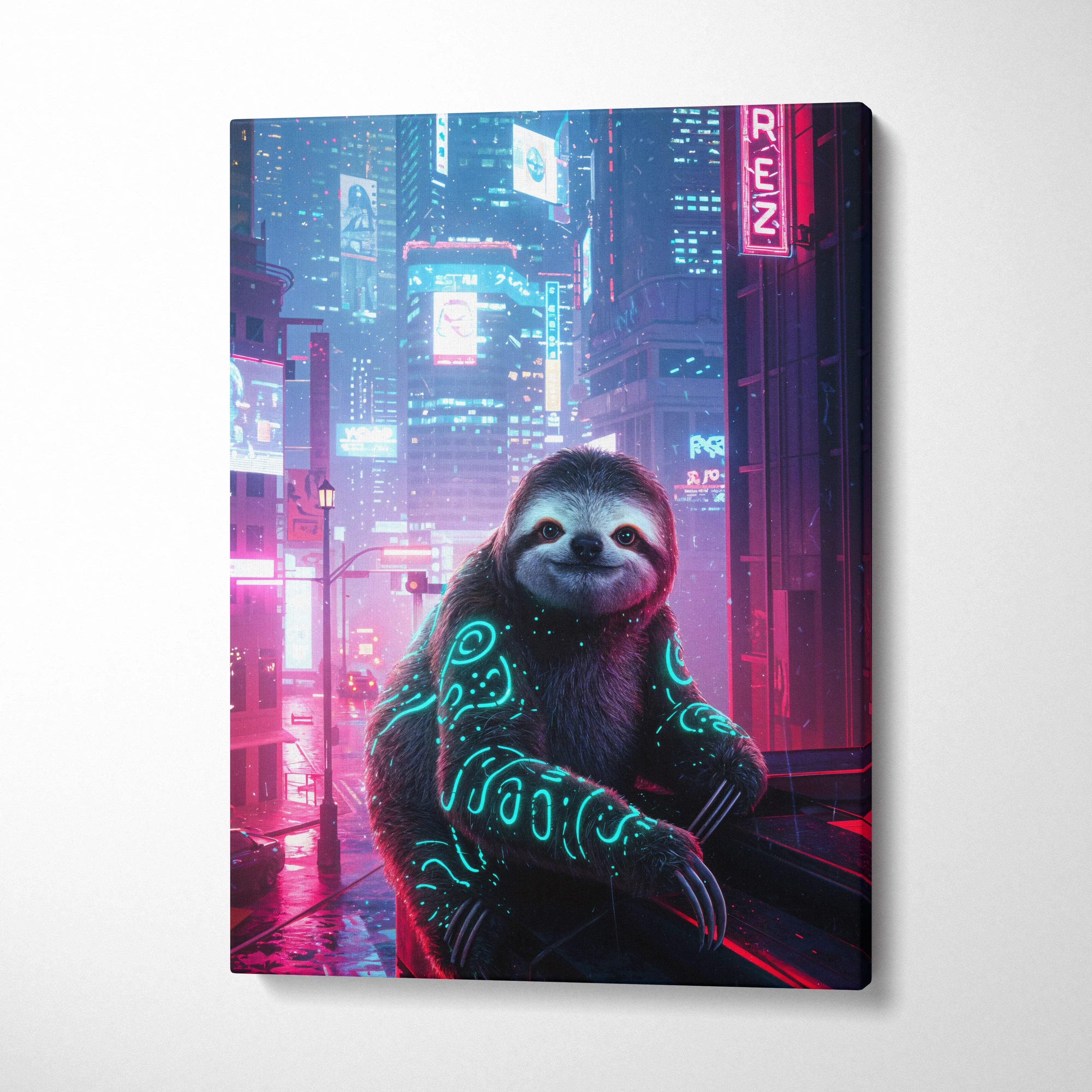 Cyberpunk sloth canvas wall art with glowing teal tattoos and neon cityscape