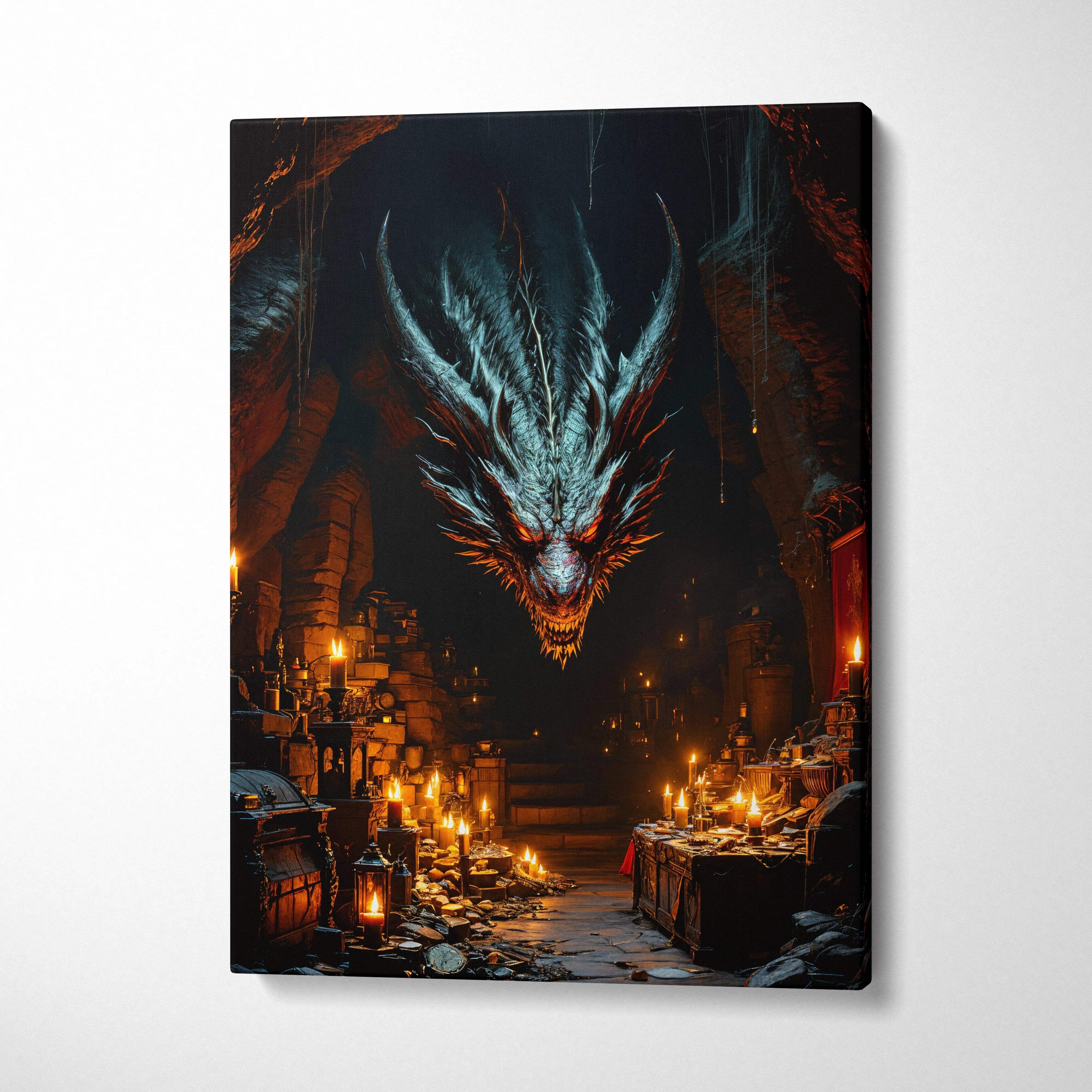 Infernal dragon canvas wall art in shadowed cavern, icy blue with ember orange gothic mood