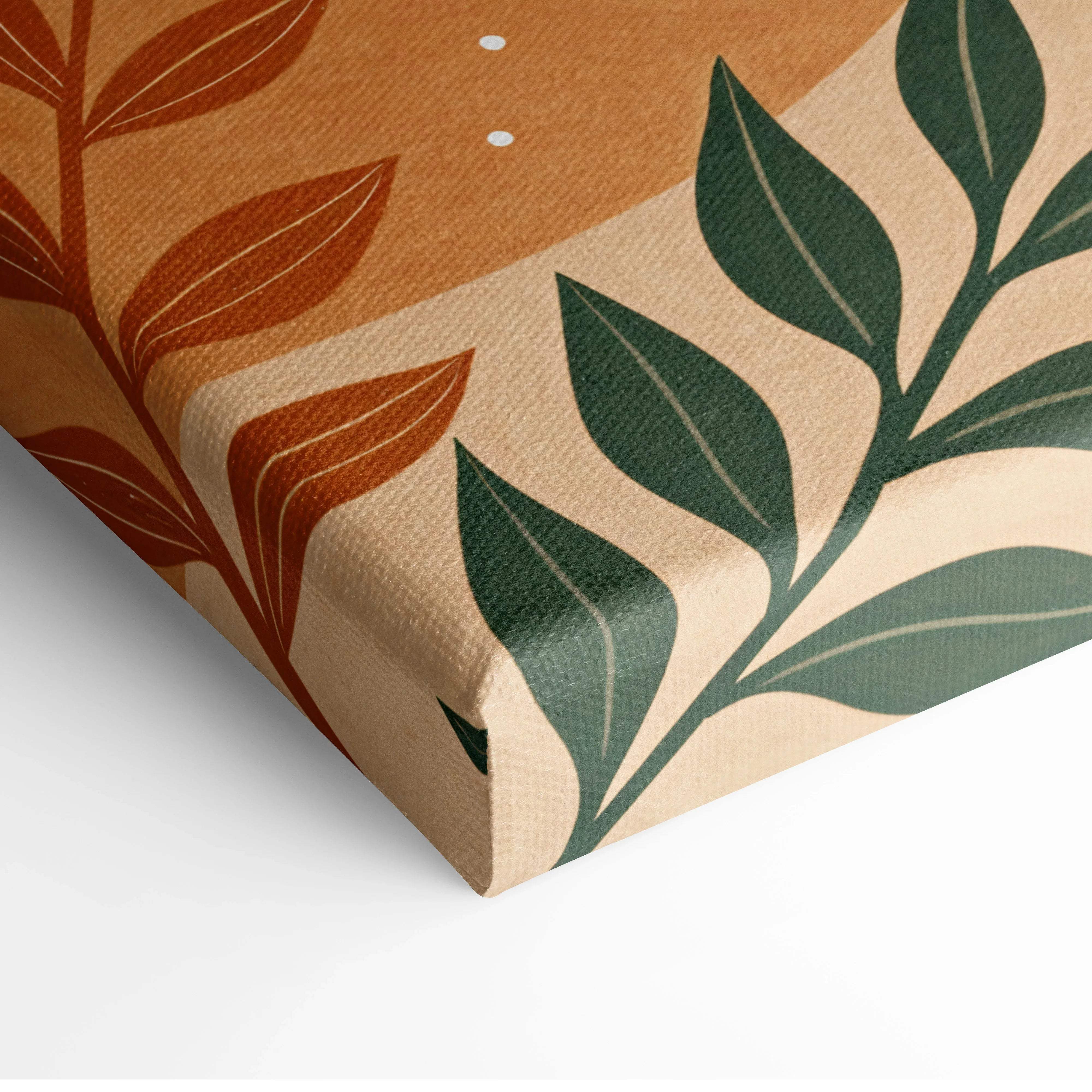 Canvas print of rust green leaf branches on beige, sunlit hills art