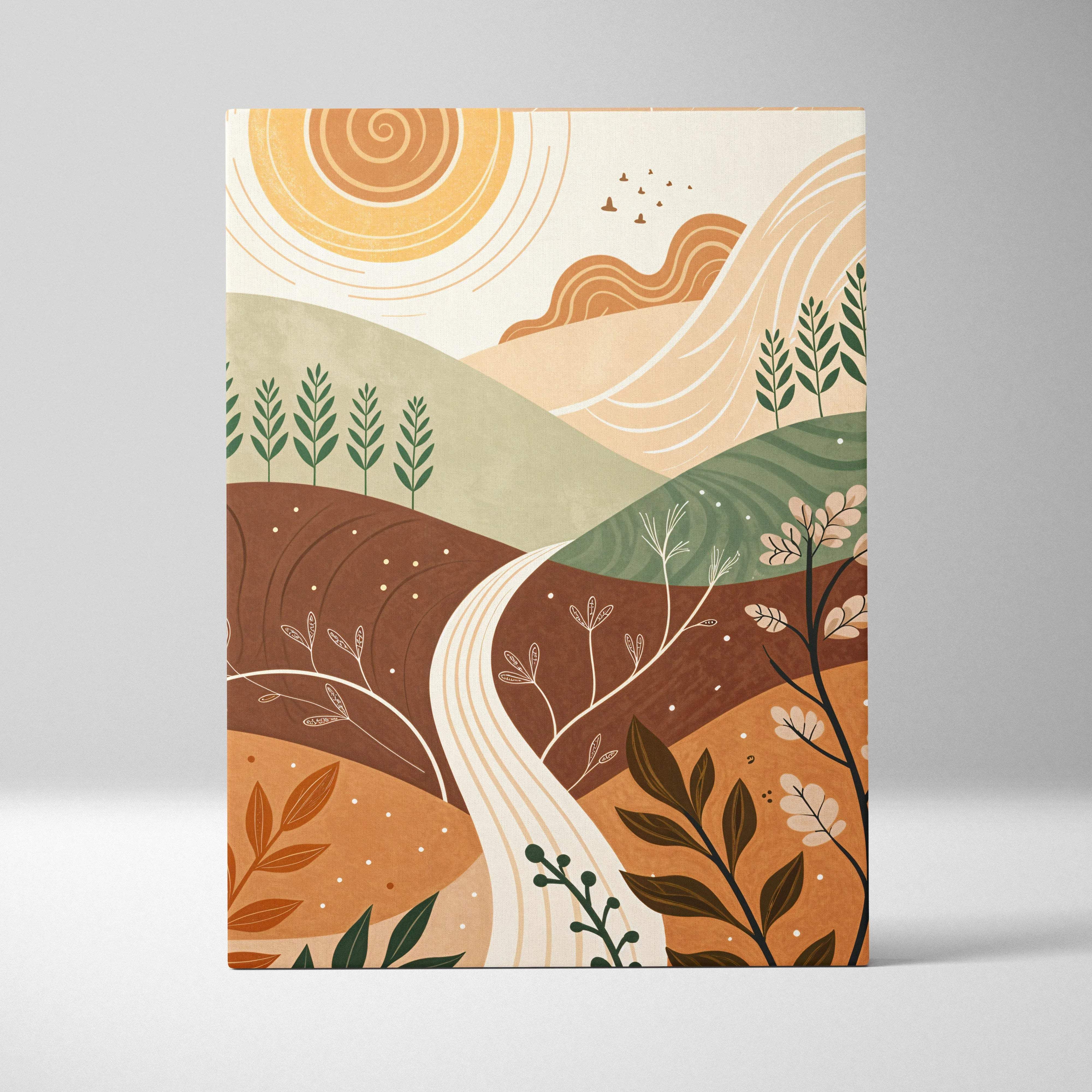Canvas wall art: abstract minimalist landscape with sunlit hills, flowing path in warm earth tones