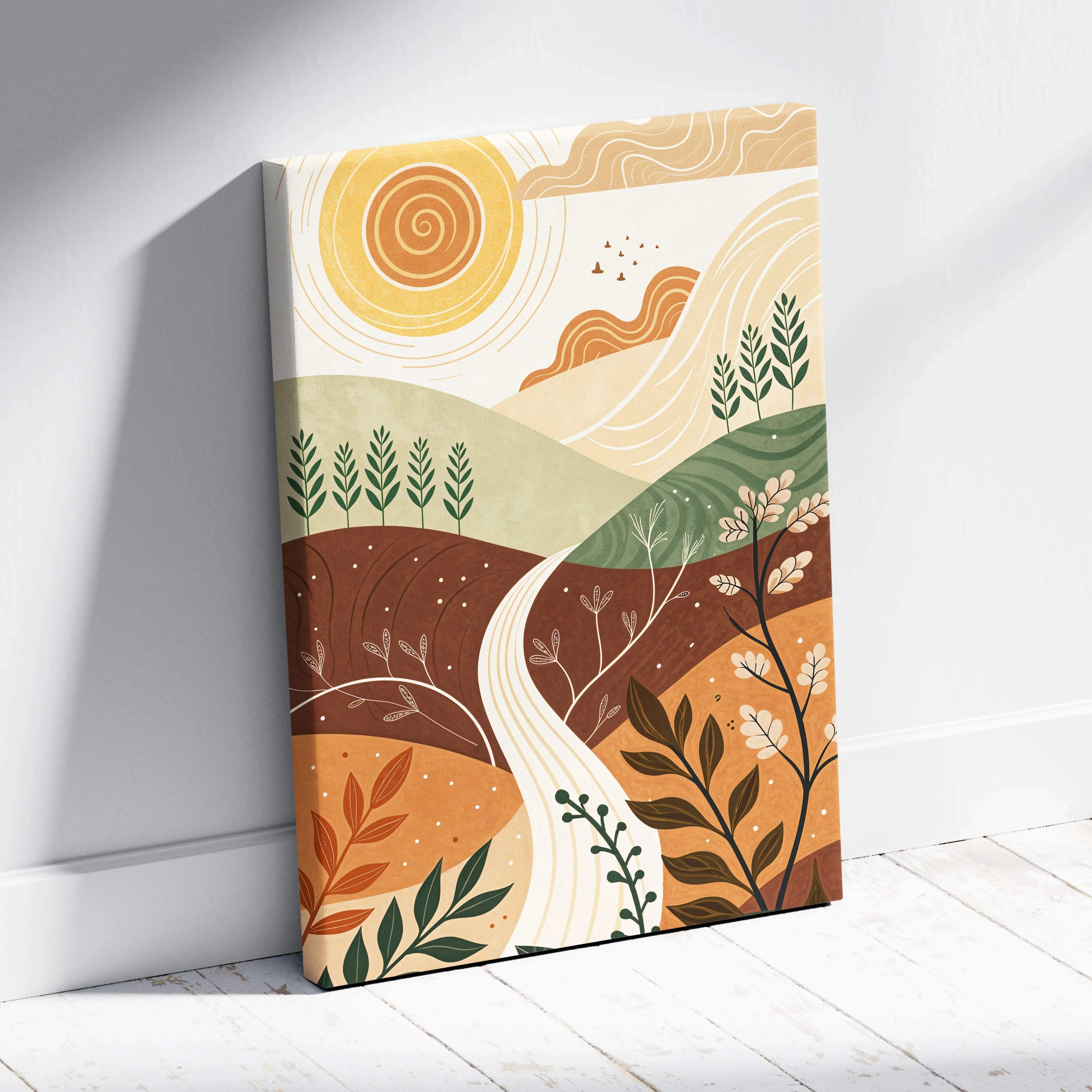 Abstract minimalist canvas wall art of sunlit hills, stream in warm earth tones