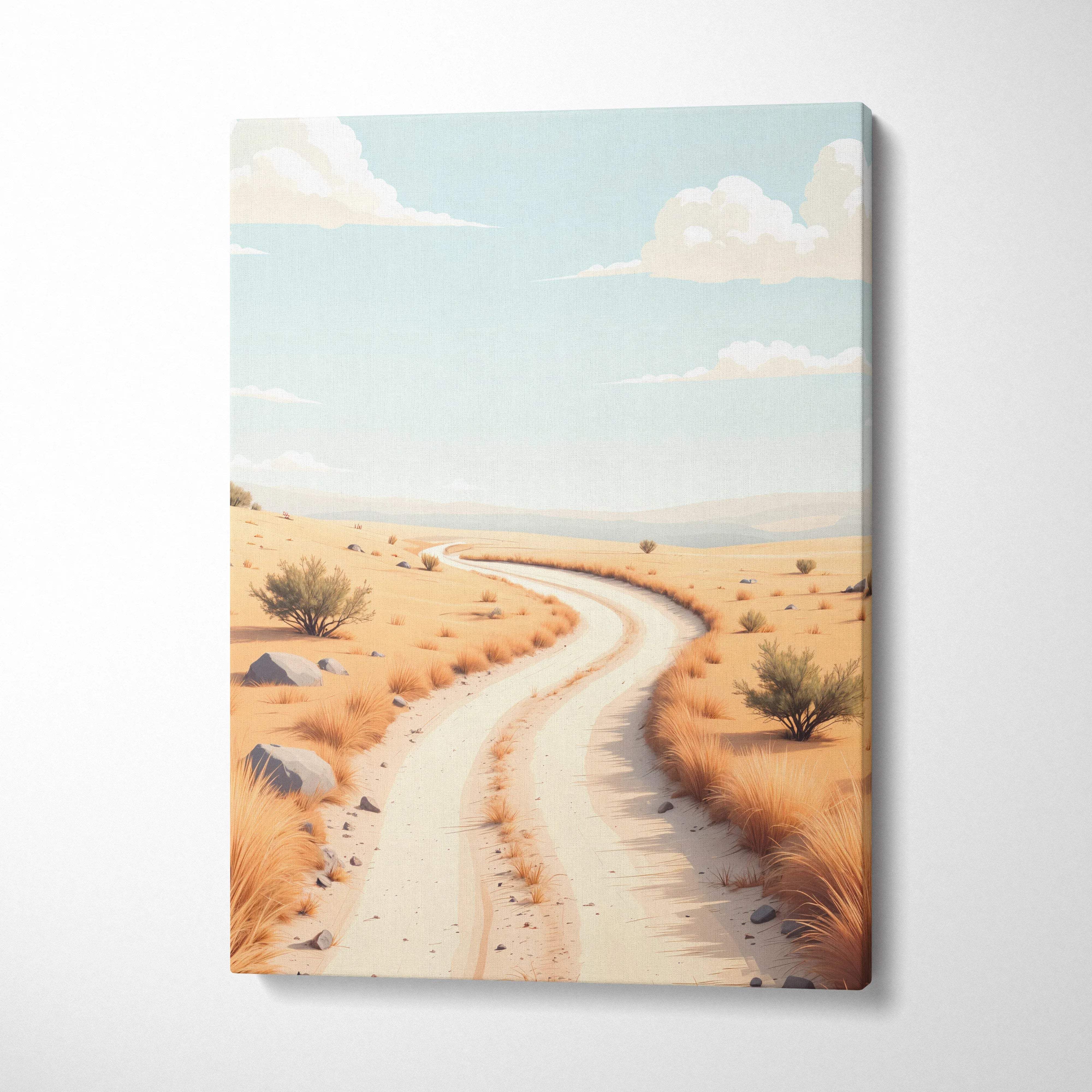 Minimalist canvas wall art of winding desert sand path under pale serene sky