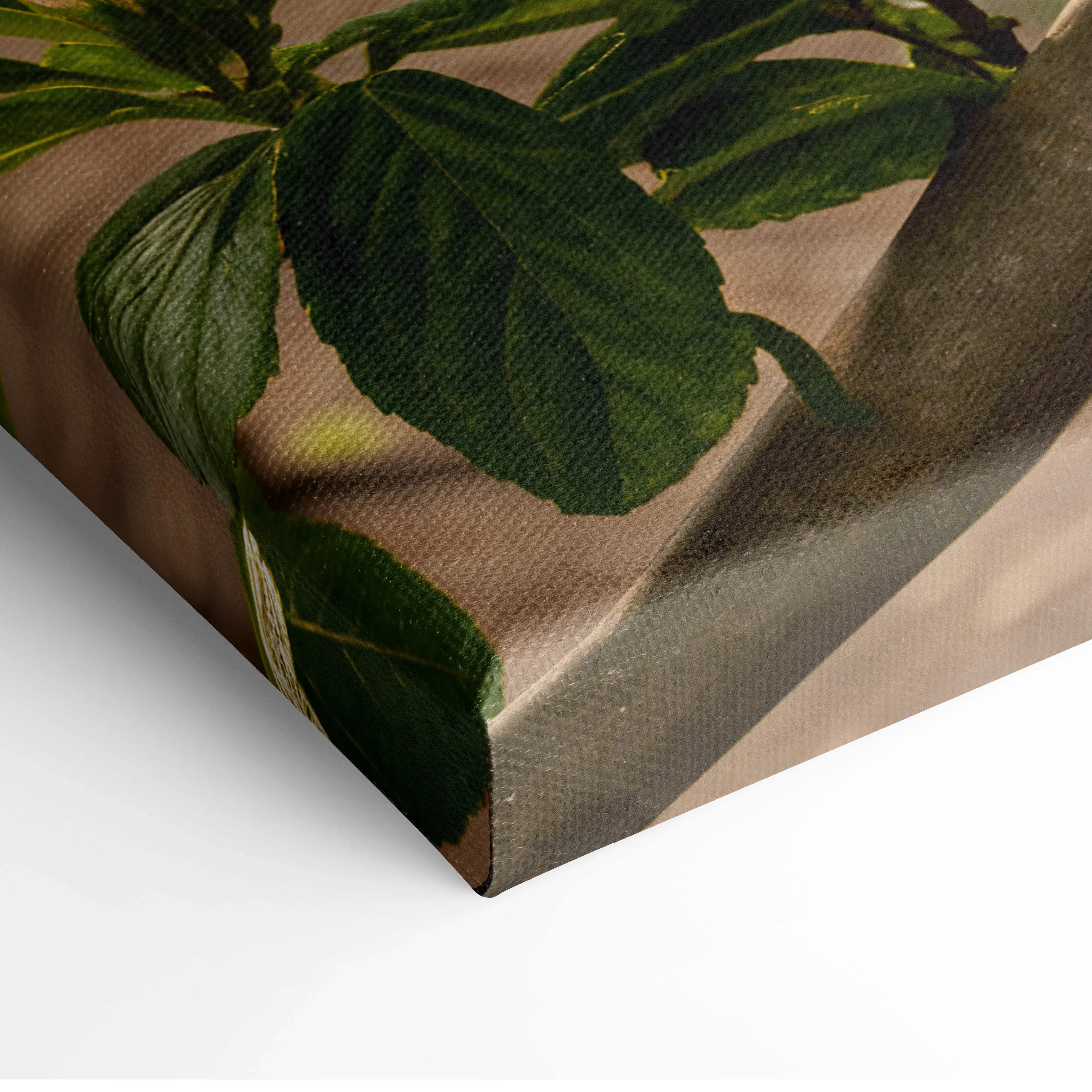 Canvas print of lush green leaves with songbird in pink blossoms