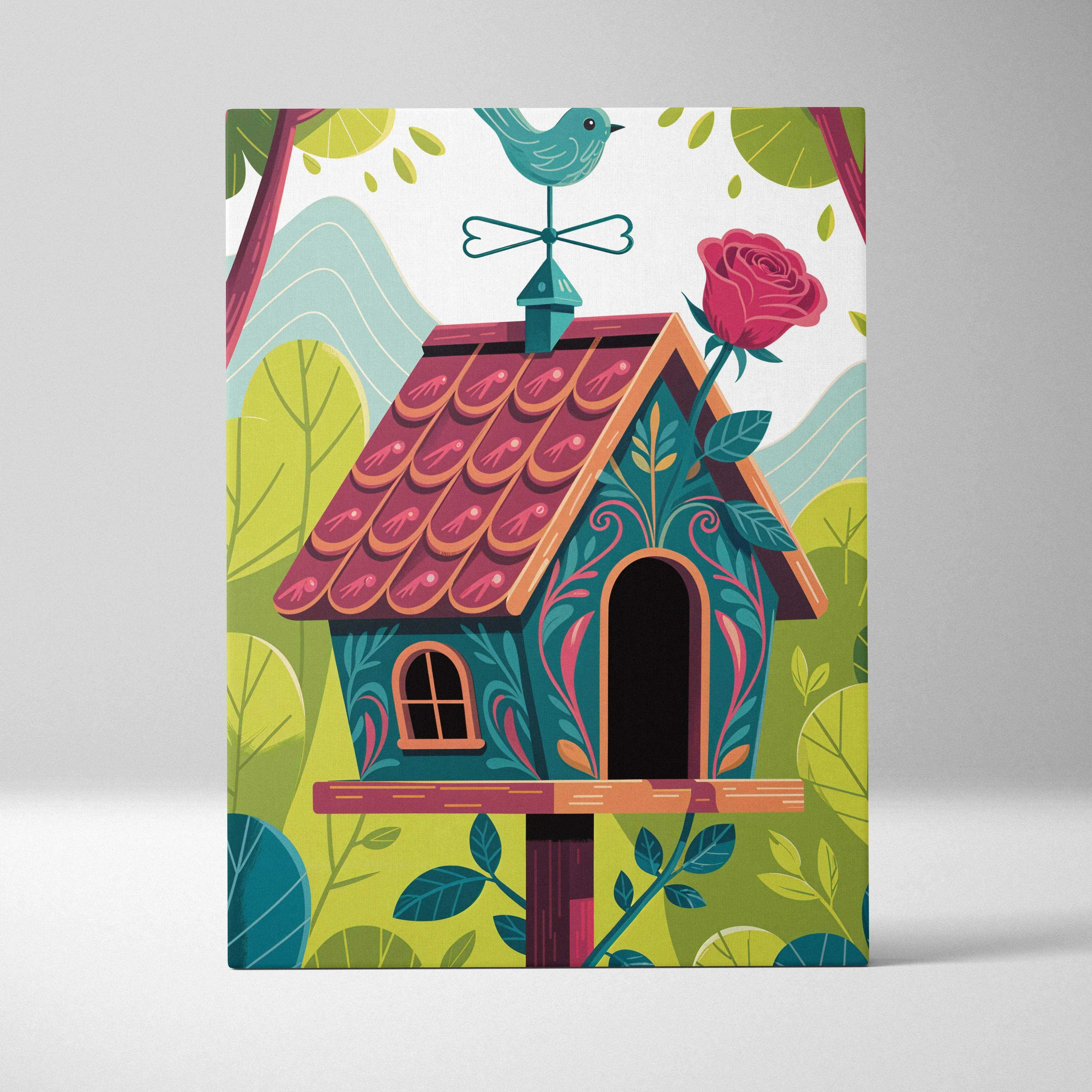 Whimsical teal birdhouse canvas wall art with floral patterns and rose