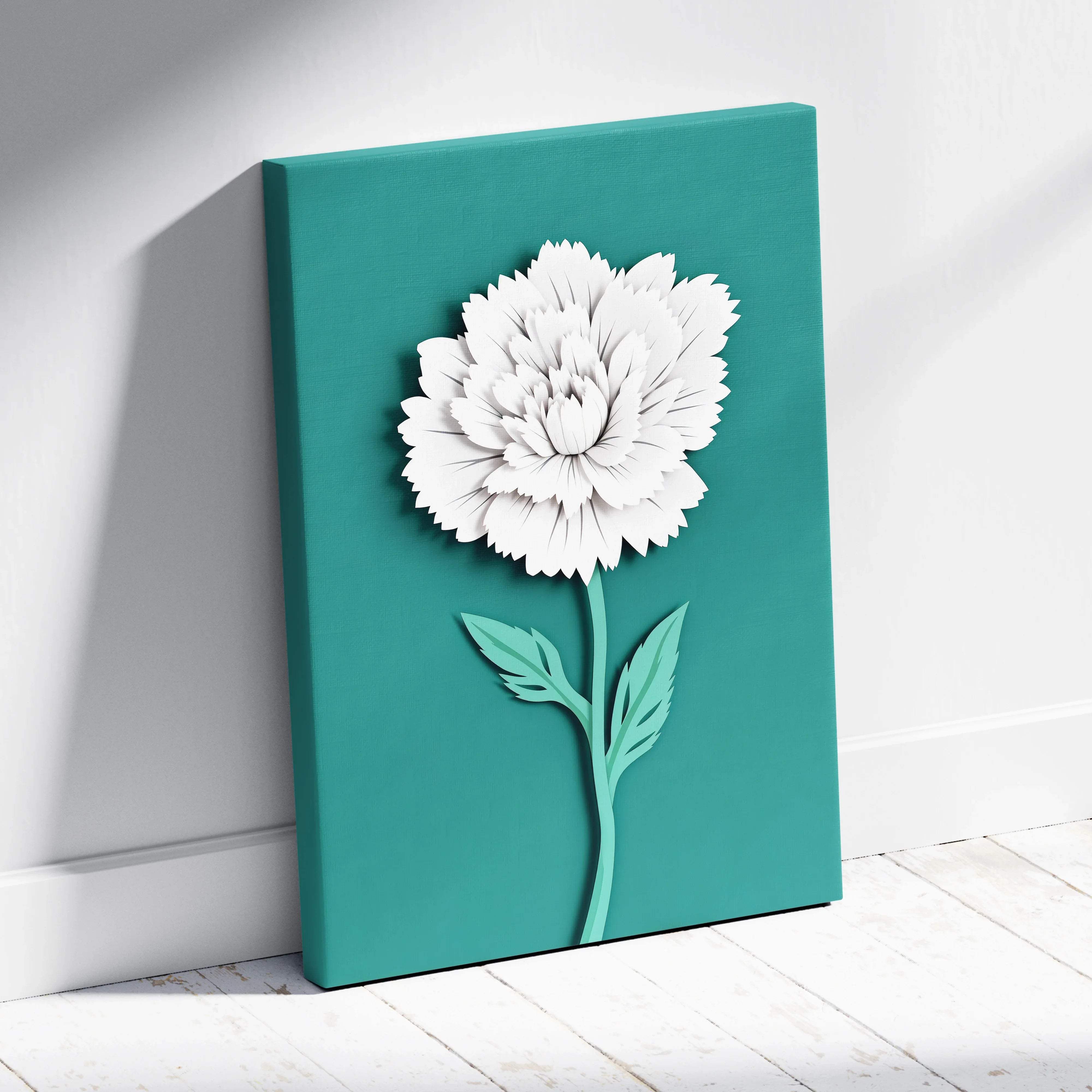 Teal canvas wall art with minimalist white paper cut peony bloom