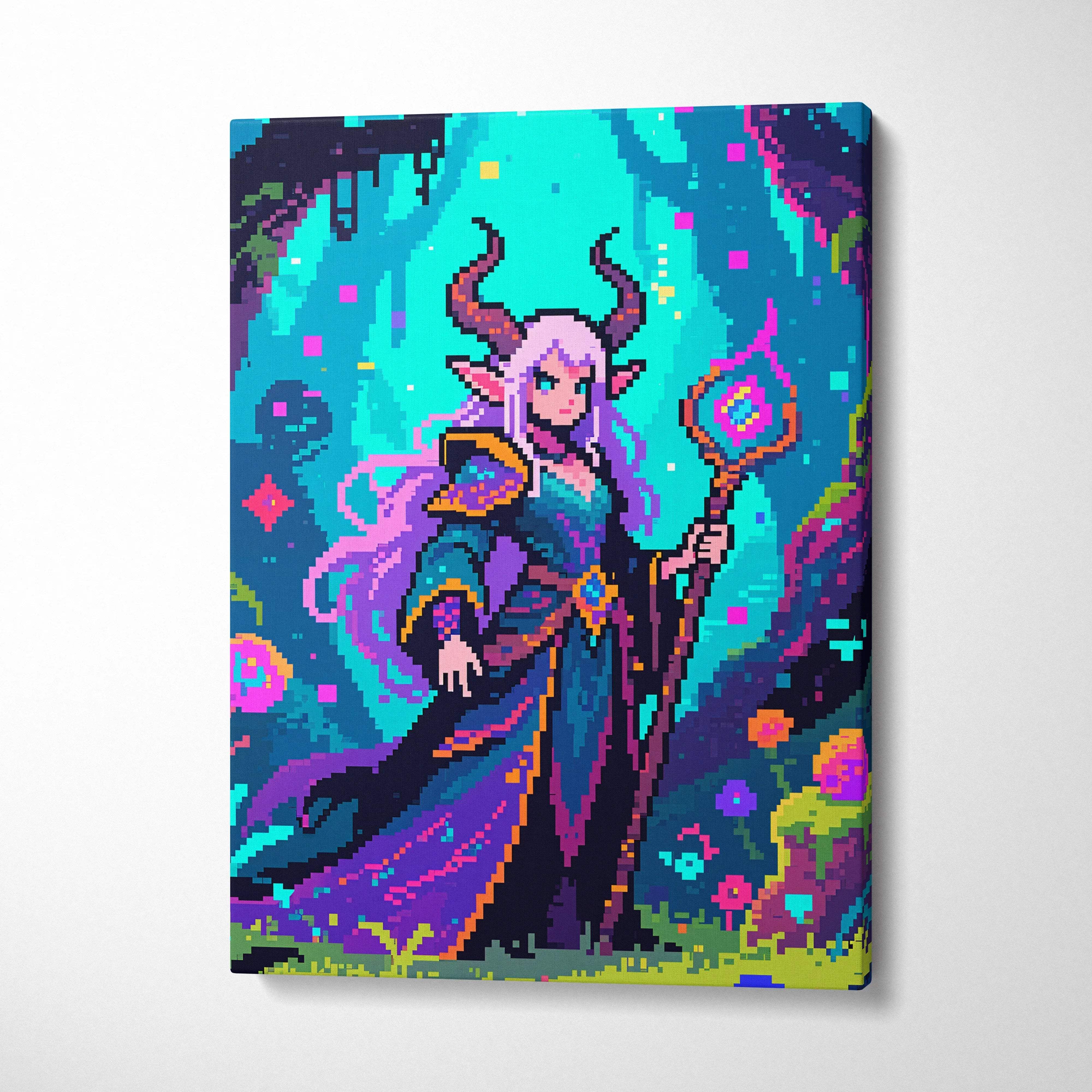 Neon pixel sorceress with horns and glowing staff in teal purple robe