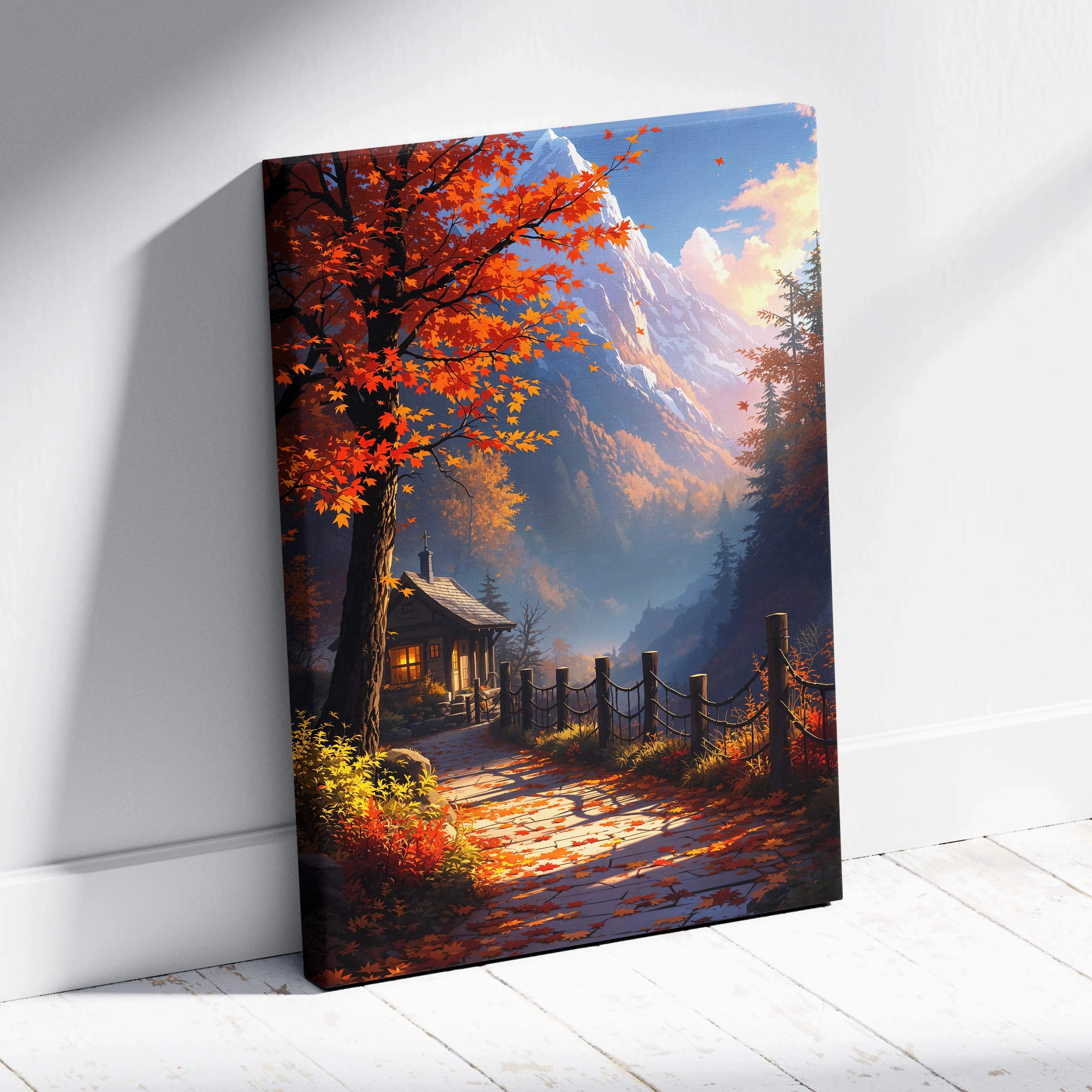 Visionary autumn canvas art: mountain cottage path in amber crimson hues
