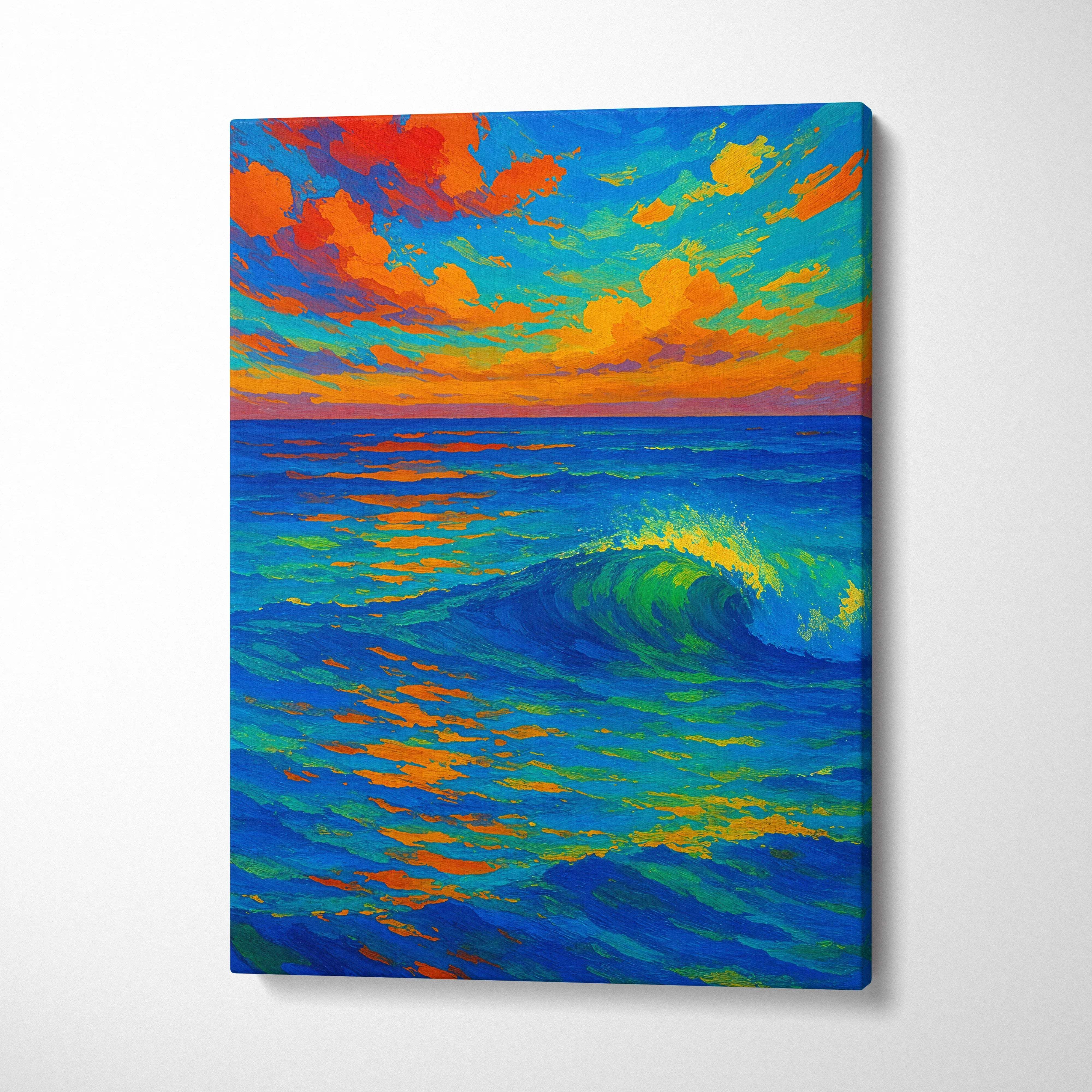 Vibrant impressionist ocean wave canvas wall art in bold blues, greens, oranges