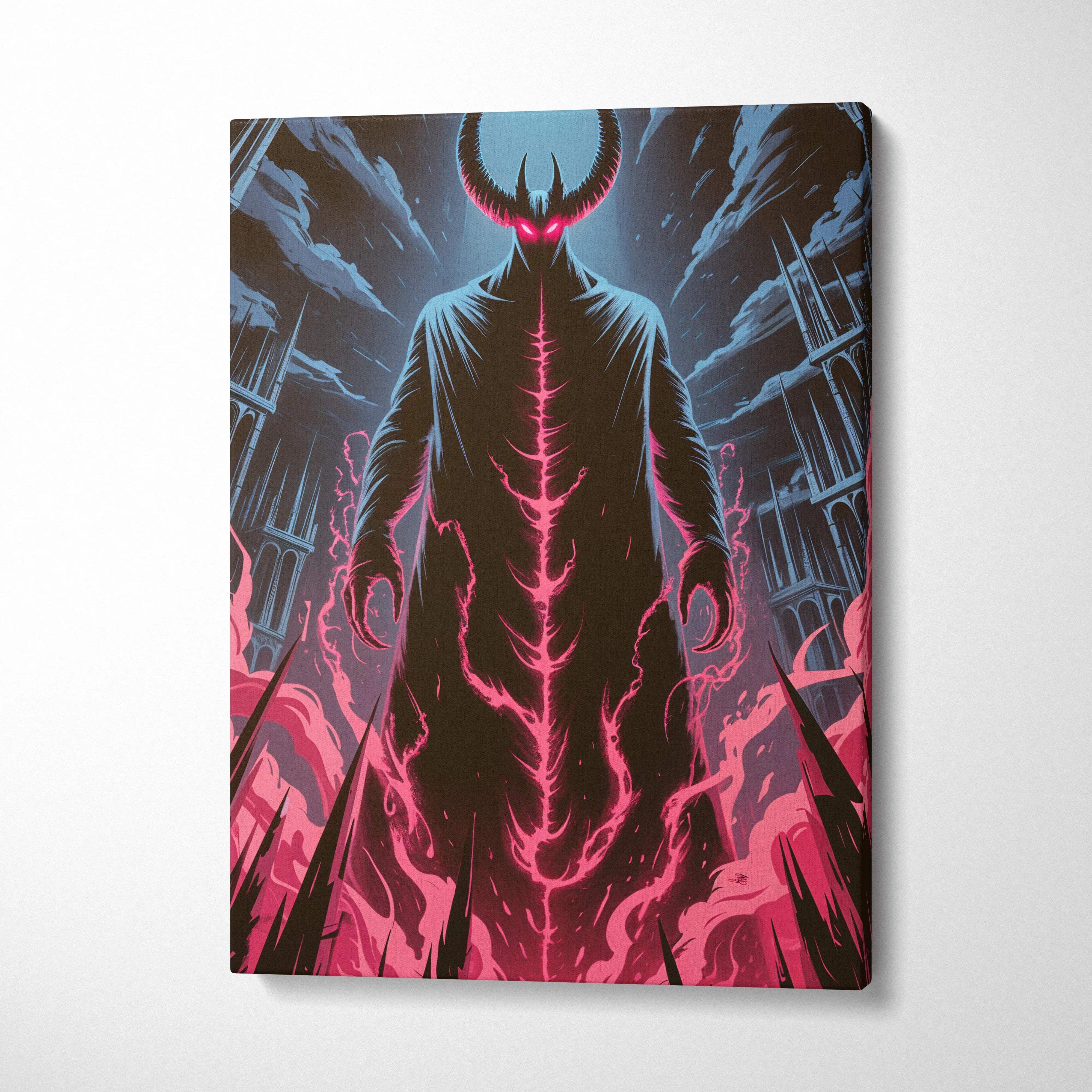 Dark fantasy canvas art of horned figure with pink neon energy in ruined cathedral
