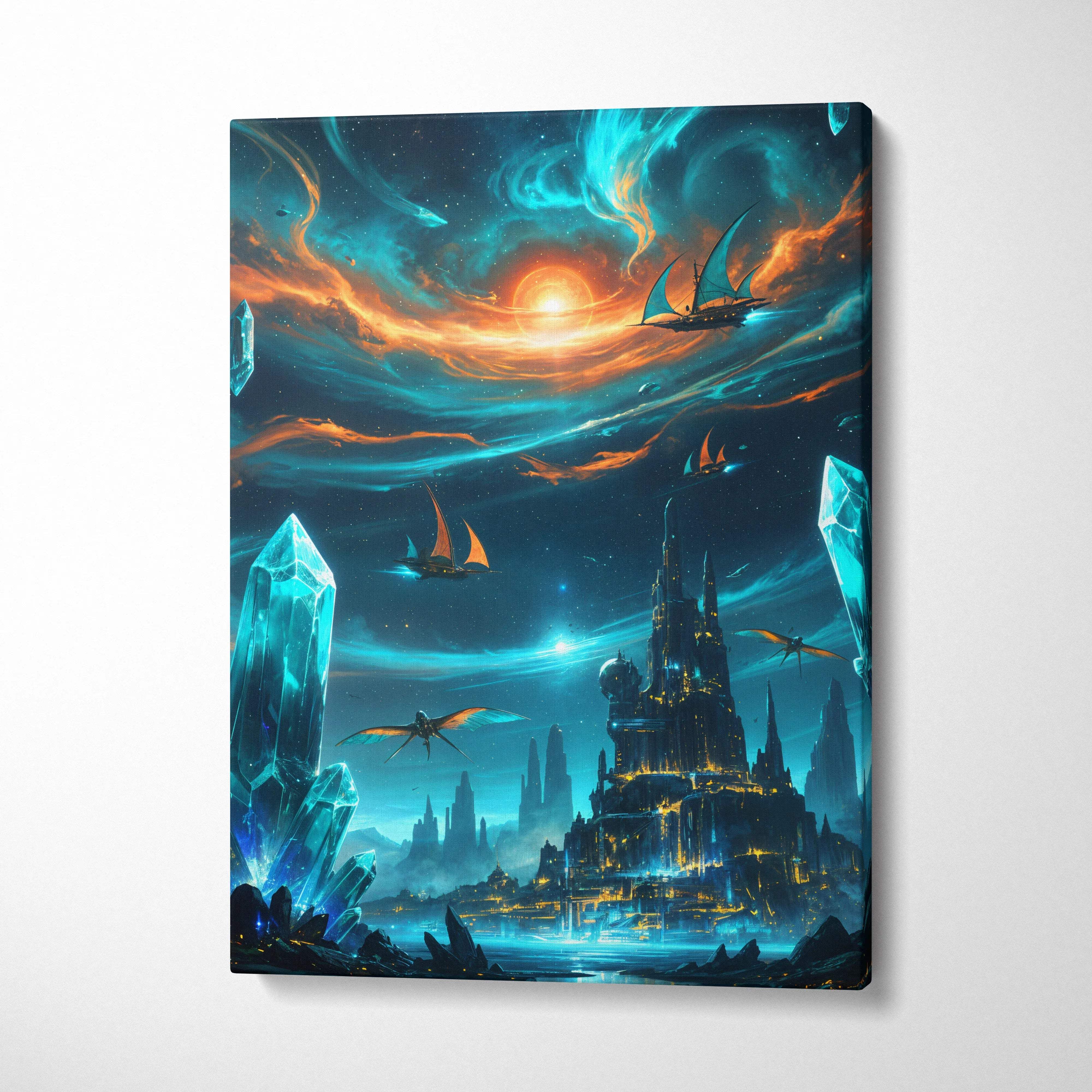 Fantasy city canvas wall art with glowing crystals, airships, cosmic sunset clouds