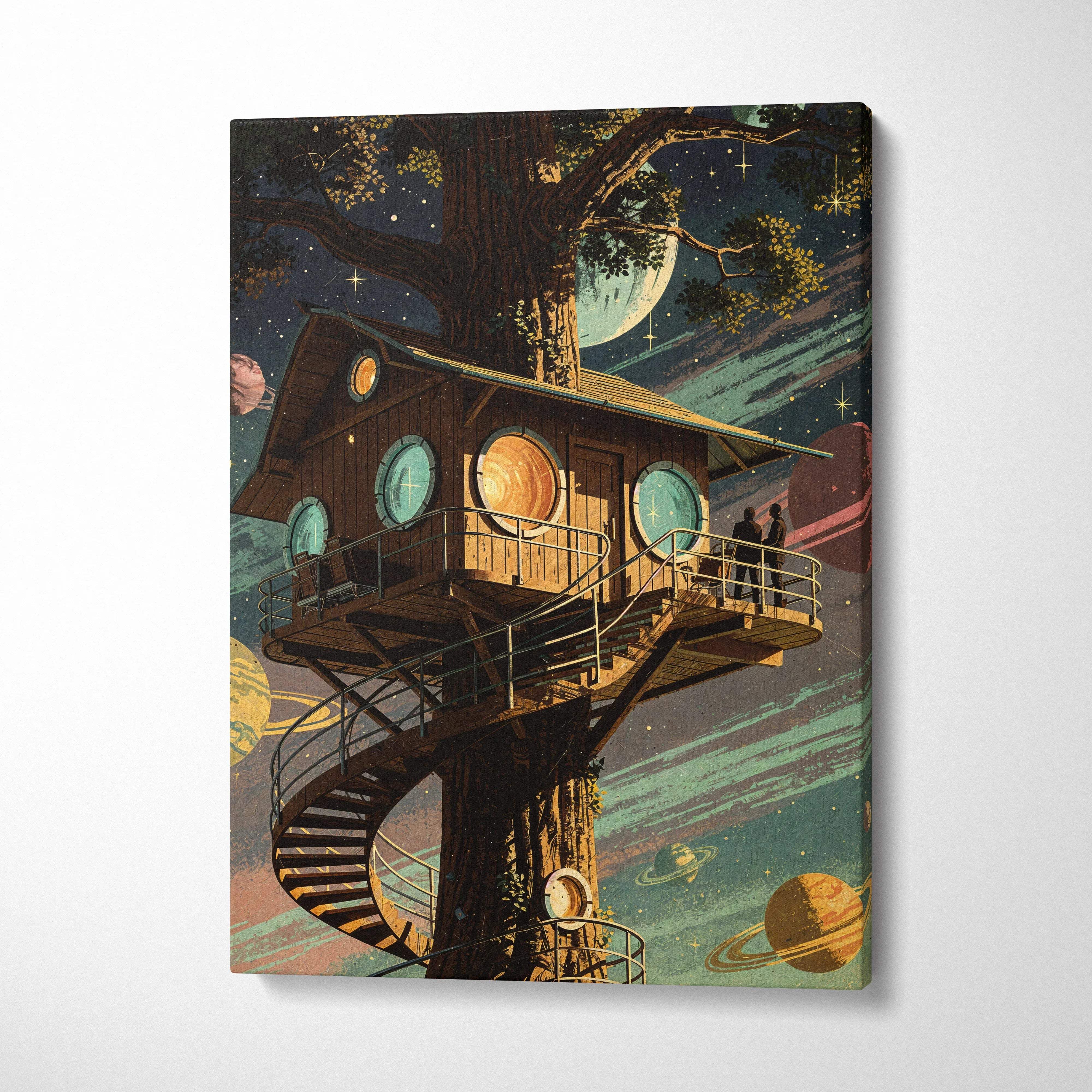 Dreamy cosmic treehouse canvas art with starry skies, teal planets, warm wood