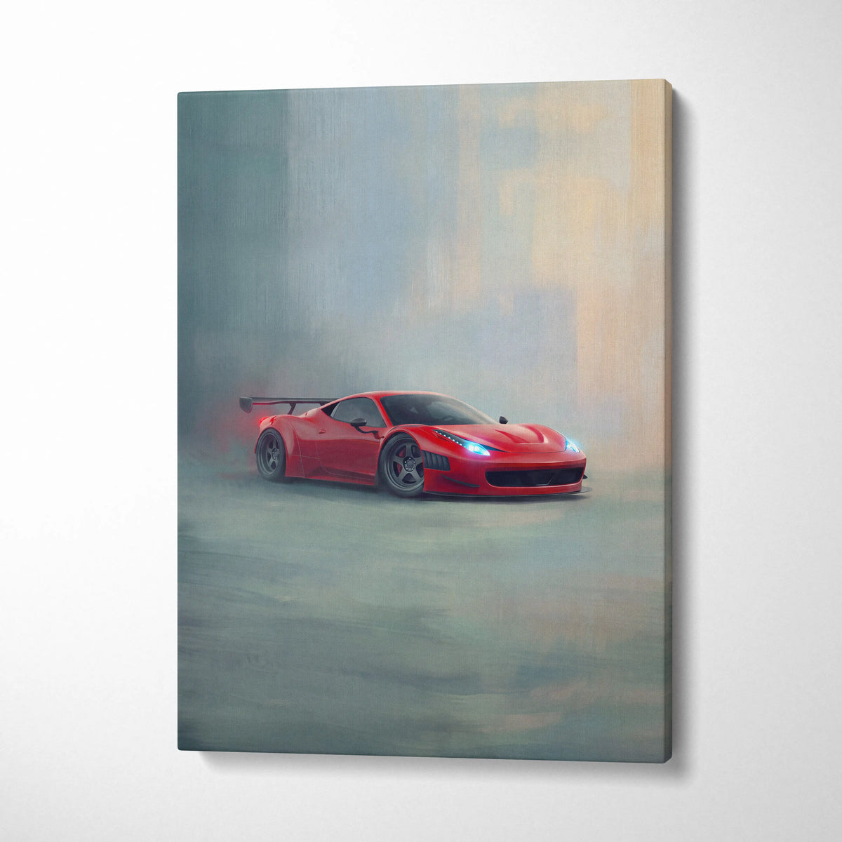 Vibrant red Ferrari 458 Italia inspired luxury supercar canvas print featuring a dynamic drift pose on wall art