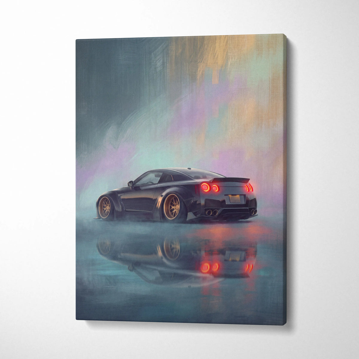 Stylized canvas painting of a black nissan r35 gt-r with gold rims and glowing red taillights for modern decor