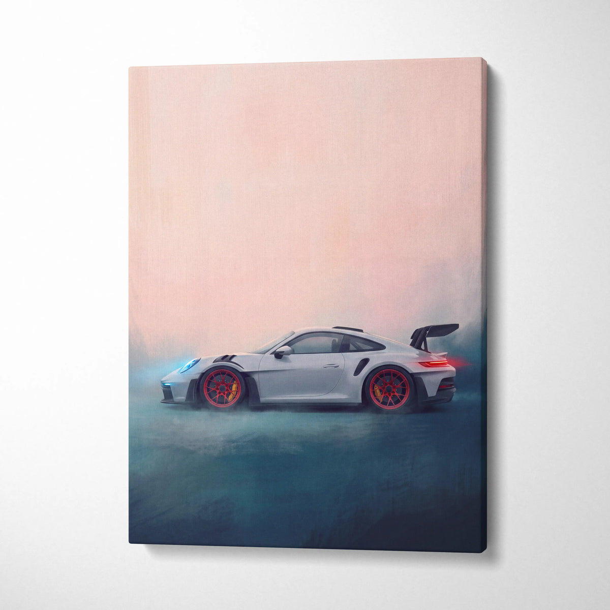 White Porsche 911 GT3 RS canvas art with red accented wheels and glowing headlights on a misty pink blue backdrop