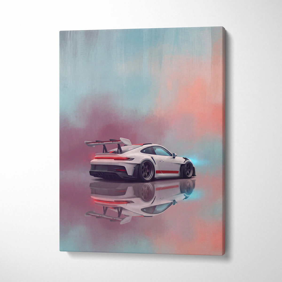 Porsche 911 GT3 RS inspired supercar canvas art print featuring white car with red stripe and black wheels
