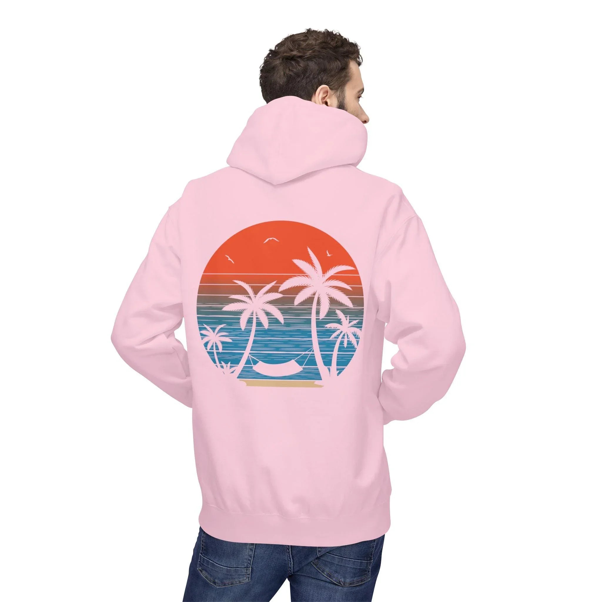 Cozy Beach Sunset Vibes Fleece Hoodie with Palm Tree Design