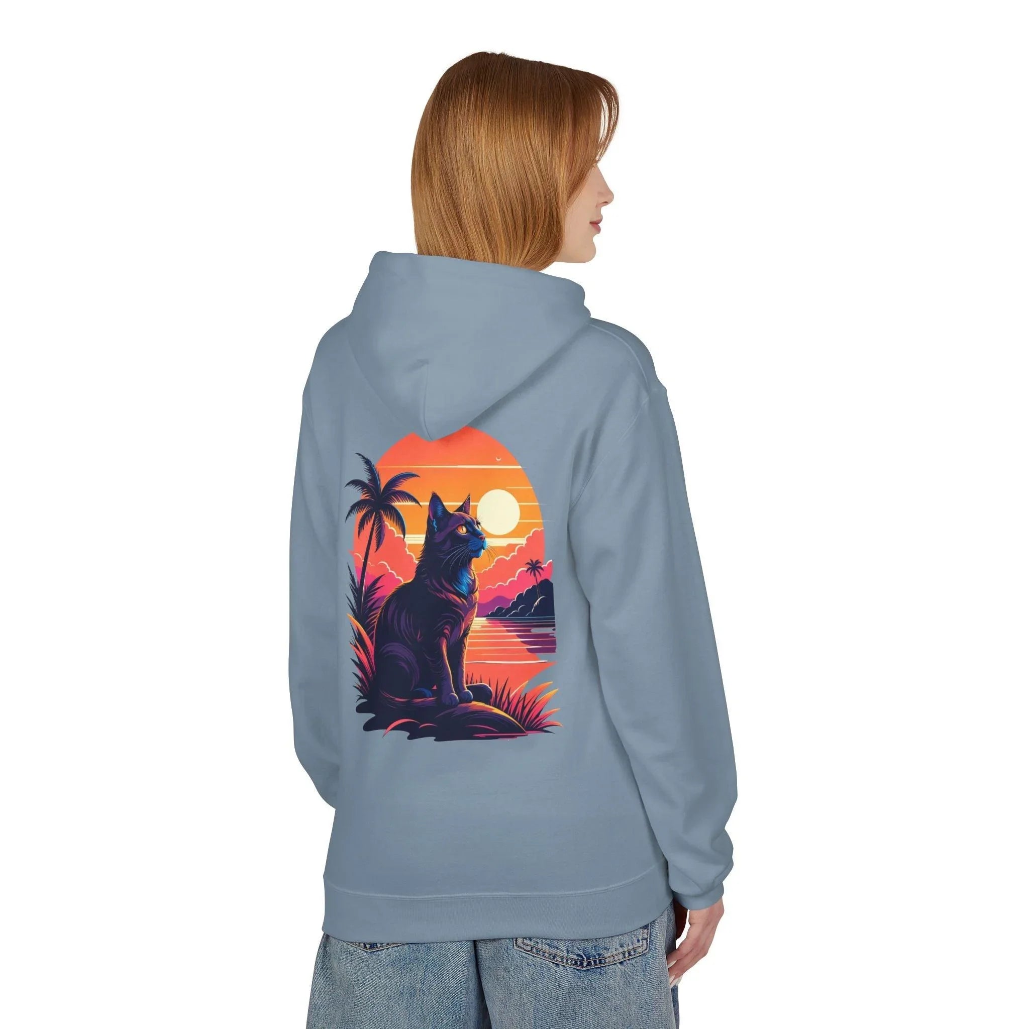 Cozy Cat Lover's Retro Sunset Fleece Hoodie