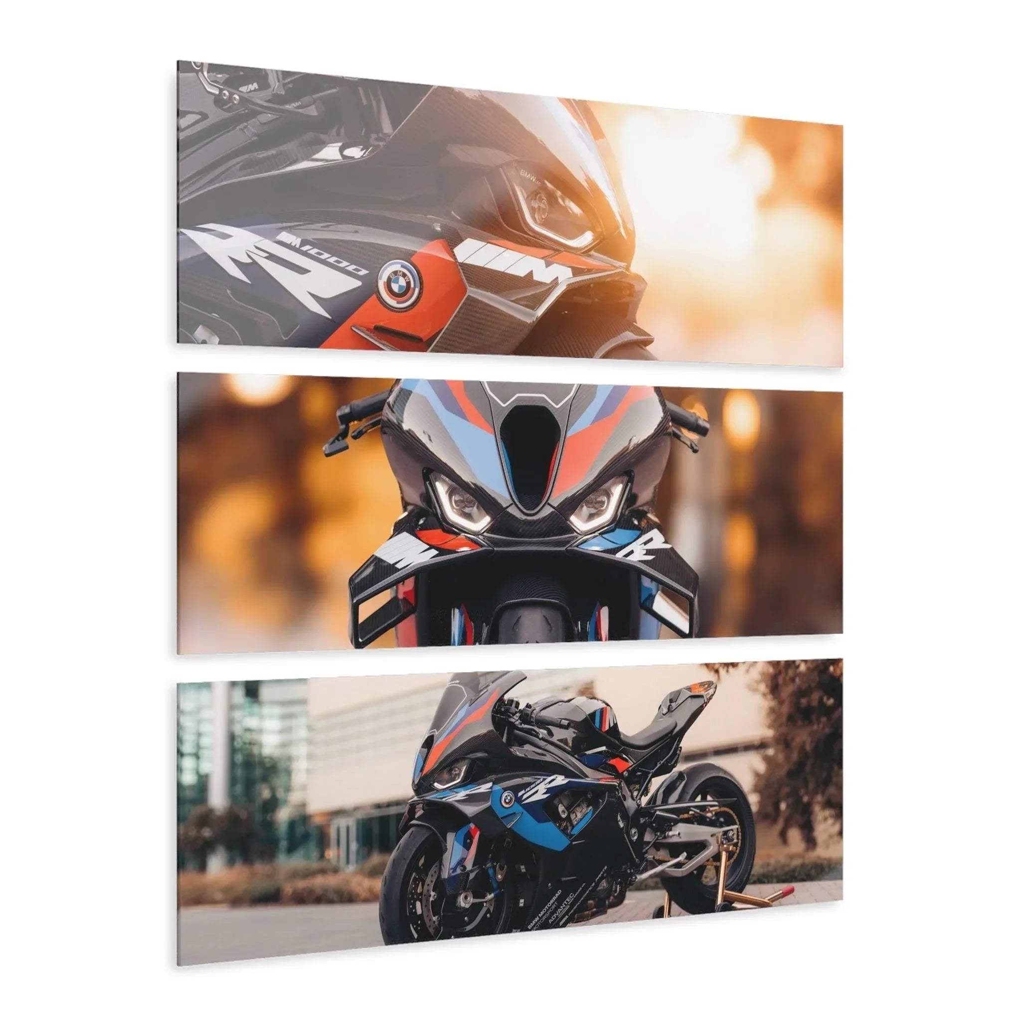Three-piece canvas wall art featuring close-up and full-view shots of a BMW M1000RR motorcycle with warm background lighting.