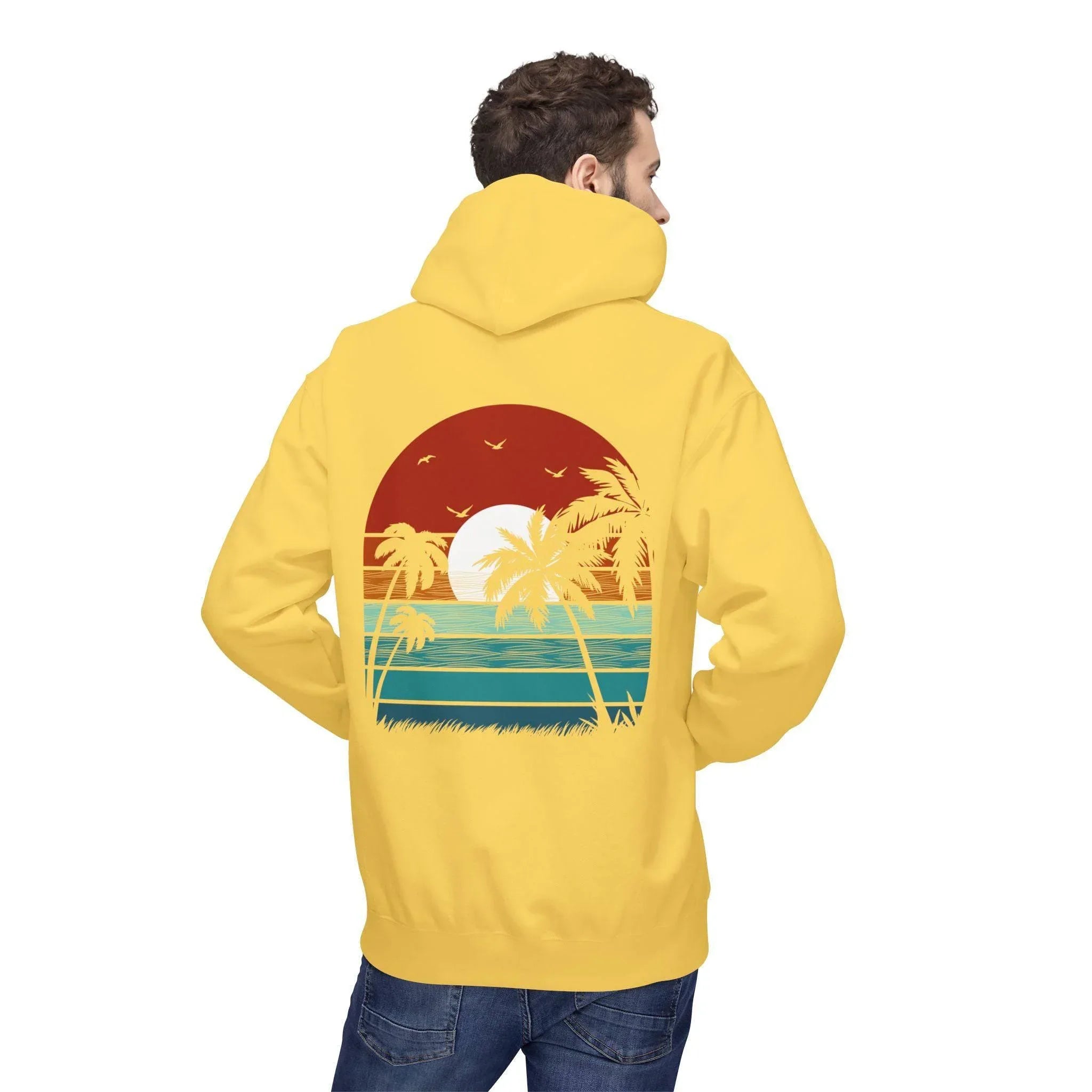 Cozy Retro Palm Tree Sunset Fleece Pullover Hoodie for Ultimate Comfort