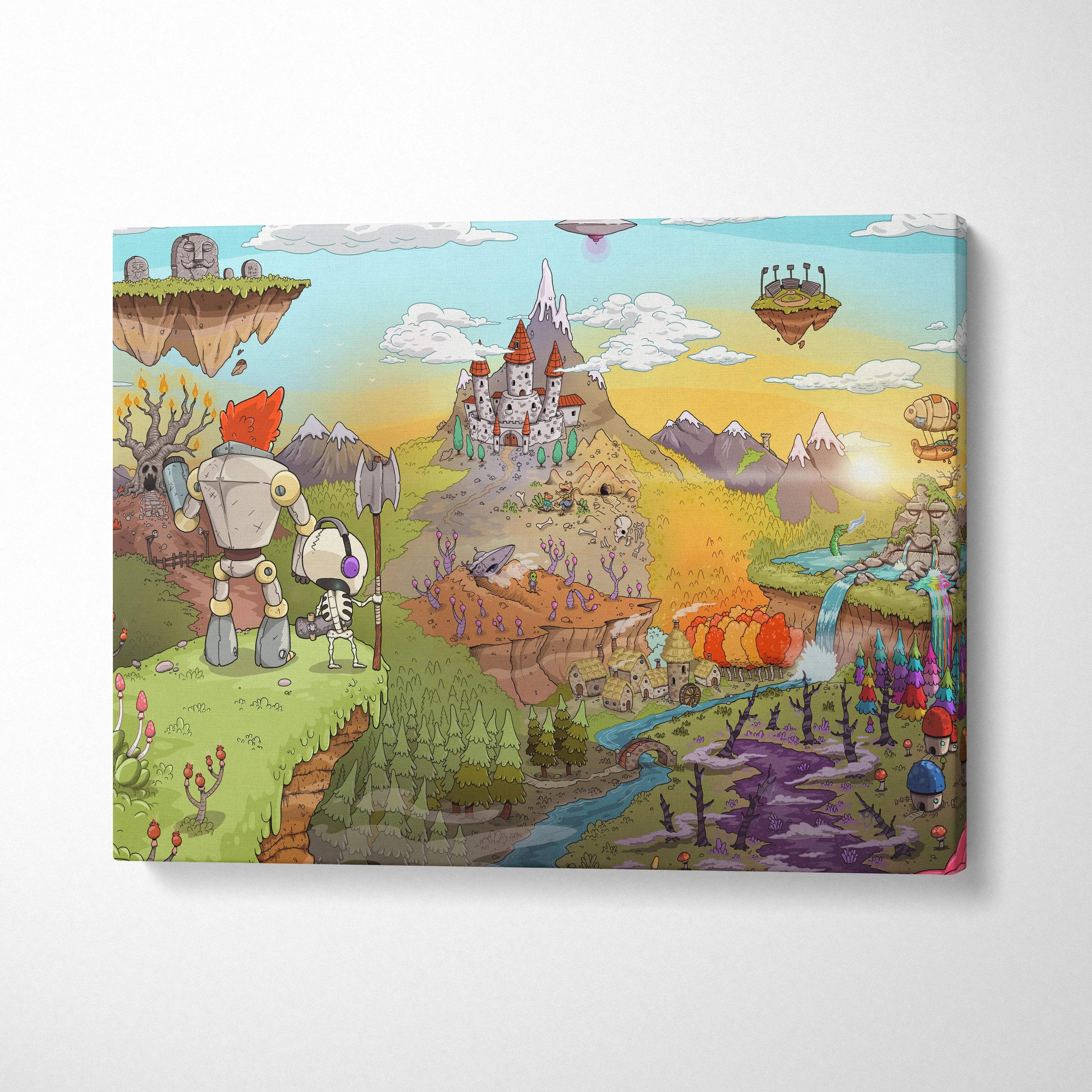 Whimsical fantasy realm map canvas with floating islands, castles, playful robots, adventurers