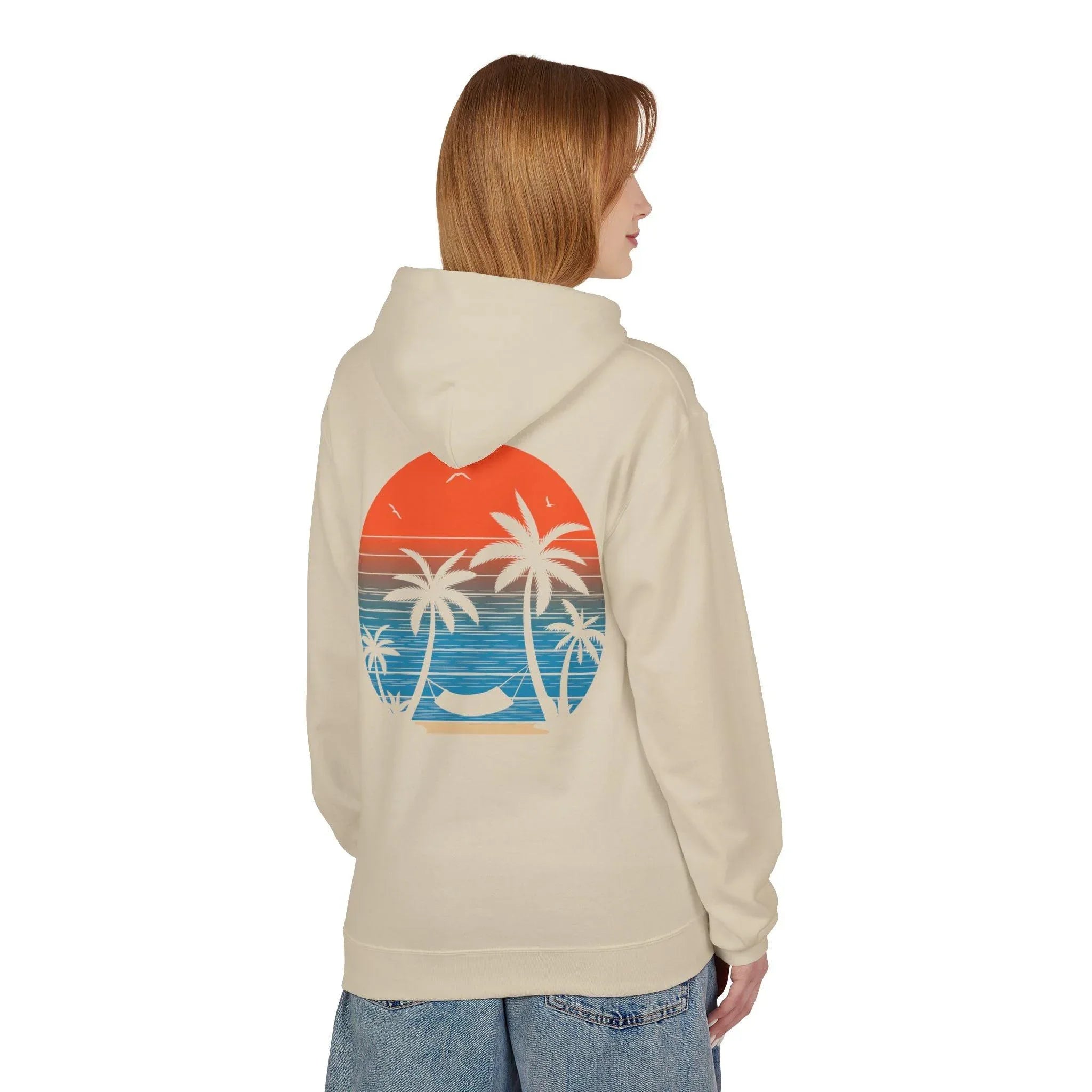 Cozy Beach Sunset Vibes Fleece Hoodie with Palm Tree Design