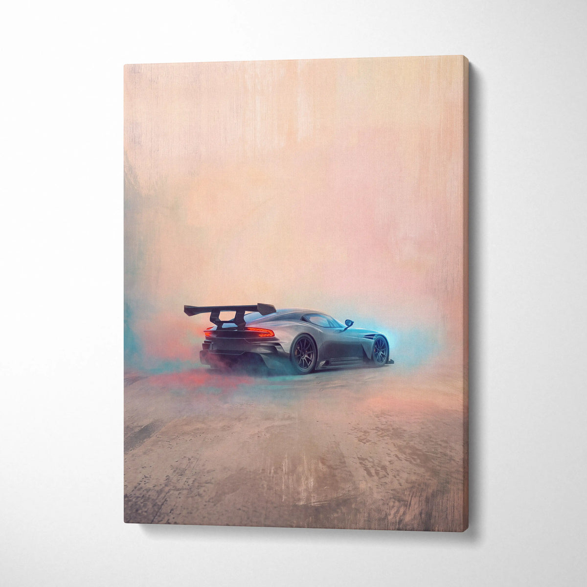 Aston martin vulcan inspired matte black sports car canvas print with rear spoiler and glowing red taillights in smoke