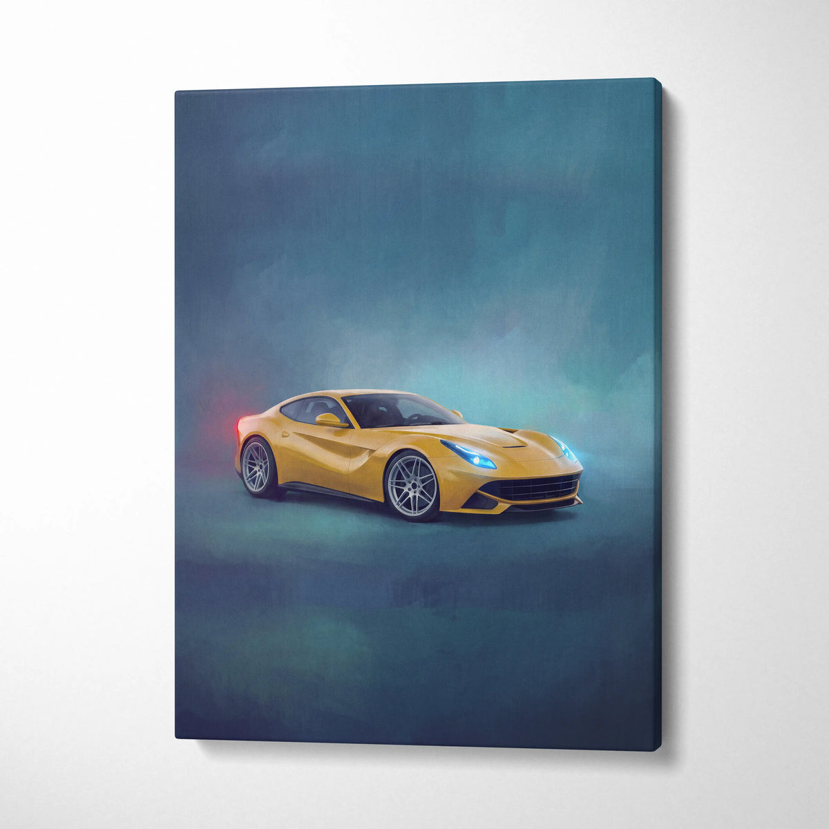 Vibrant yellow ferrari f12 berlinetta sports car illustration on canvas wall art track edition painting print