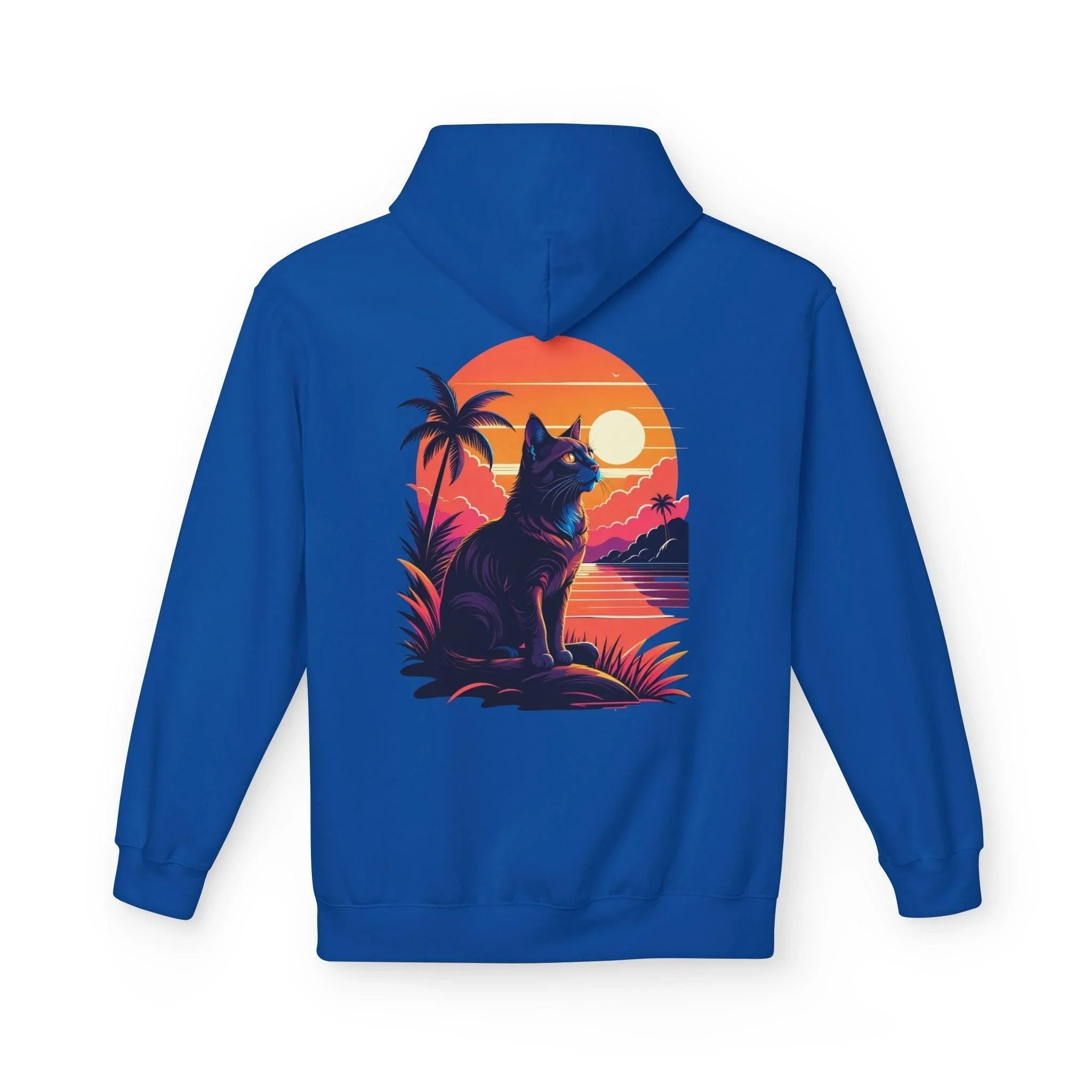 Cozy Cat Lover's Retro Sunset Fleece Hoodie