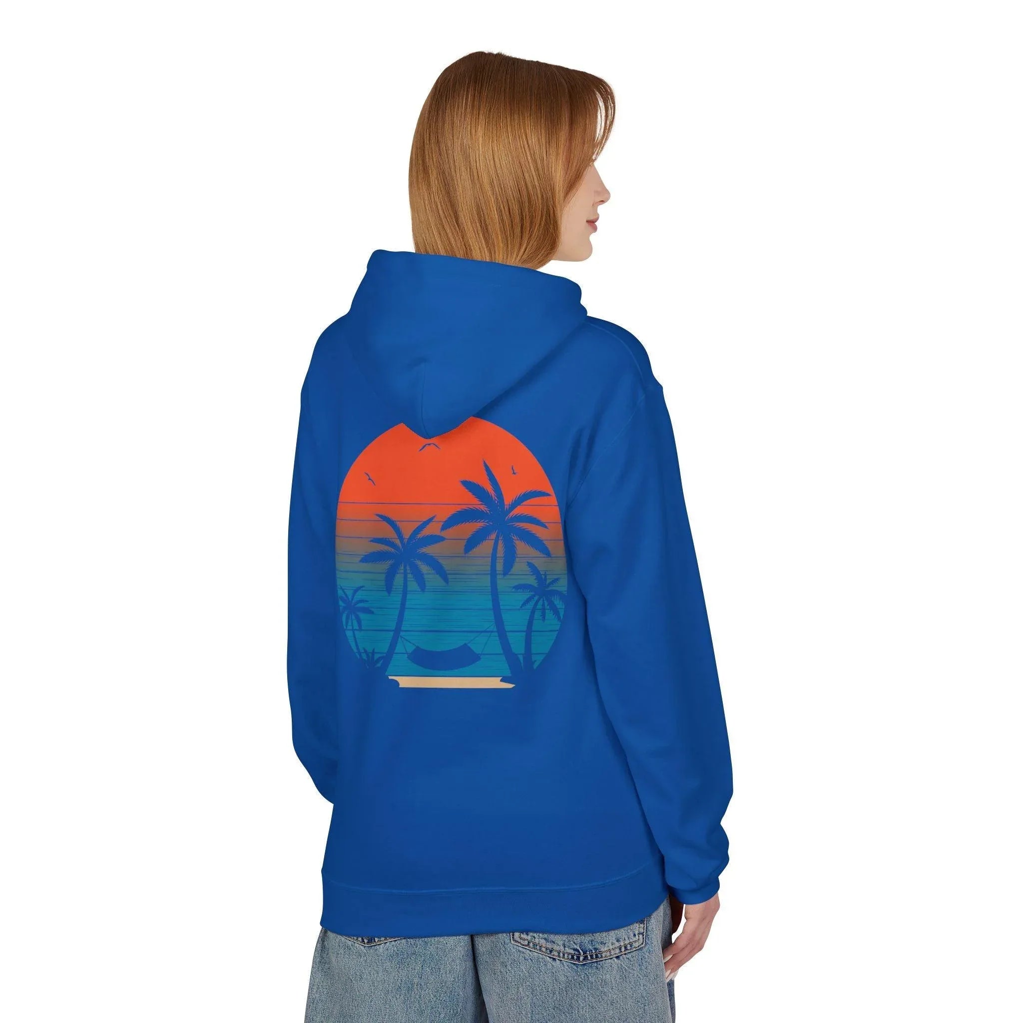 Cozy Beach Sunset Vibes Fleece Hoodie with Palm Tree Design