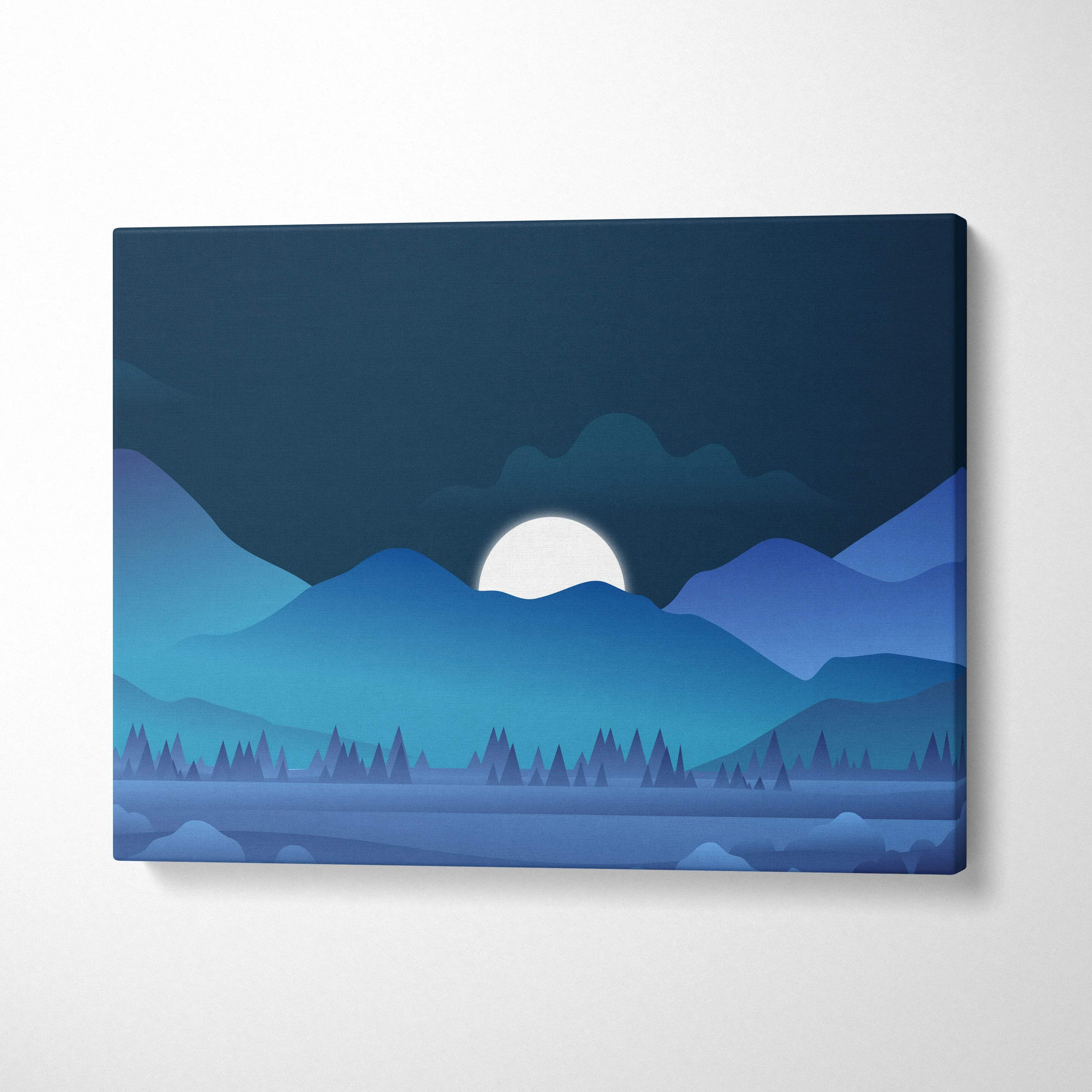 Moonrise over blue mountain layers minimalist night canvas print