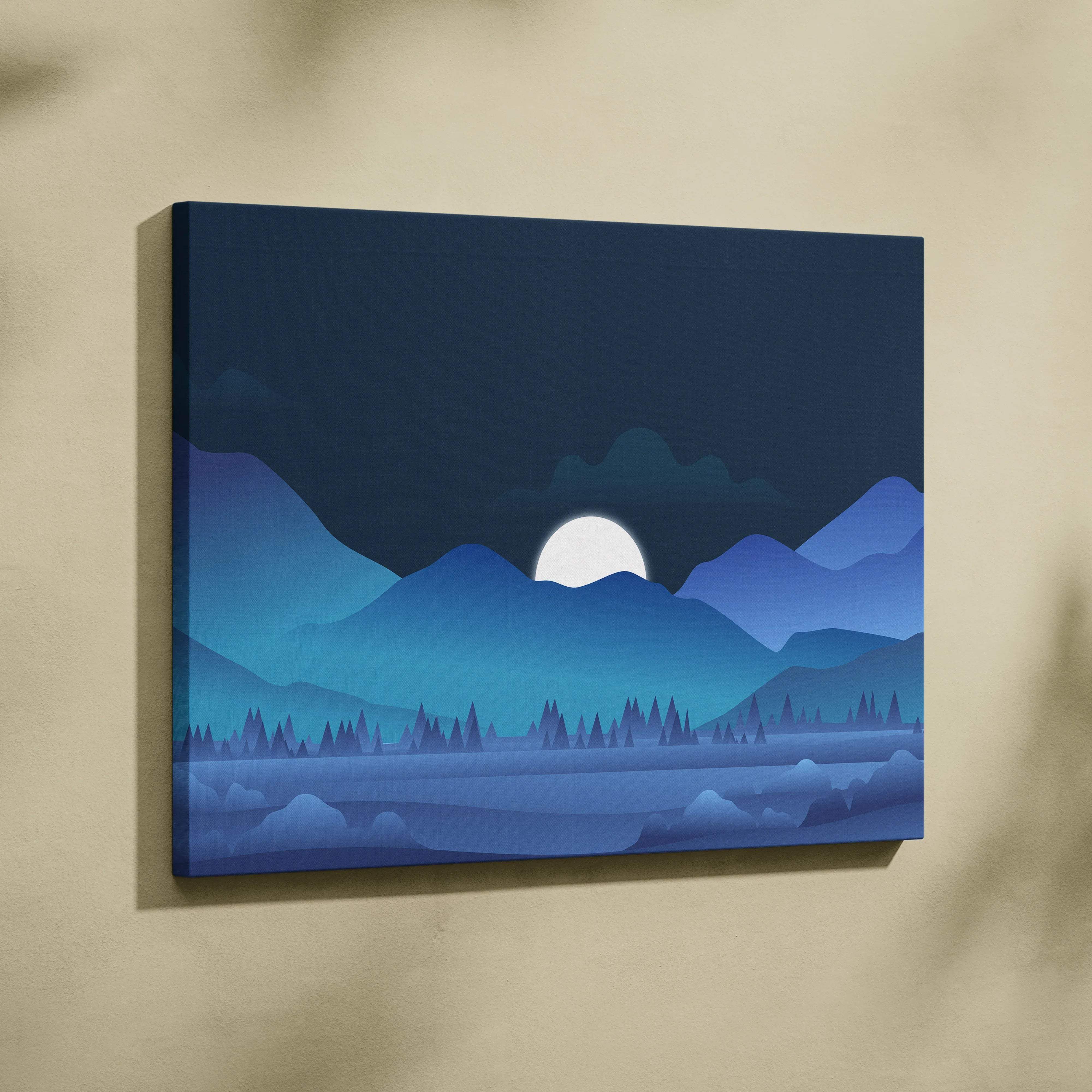 Moonrise over blue mountain layers minimalist night landscape canvas