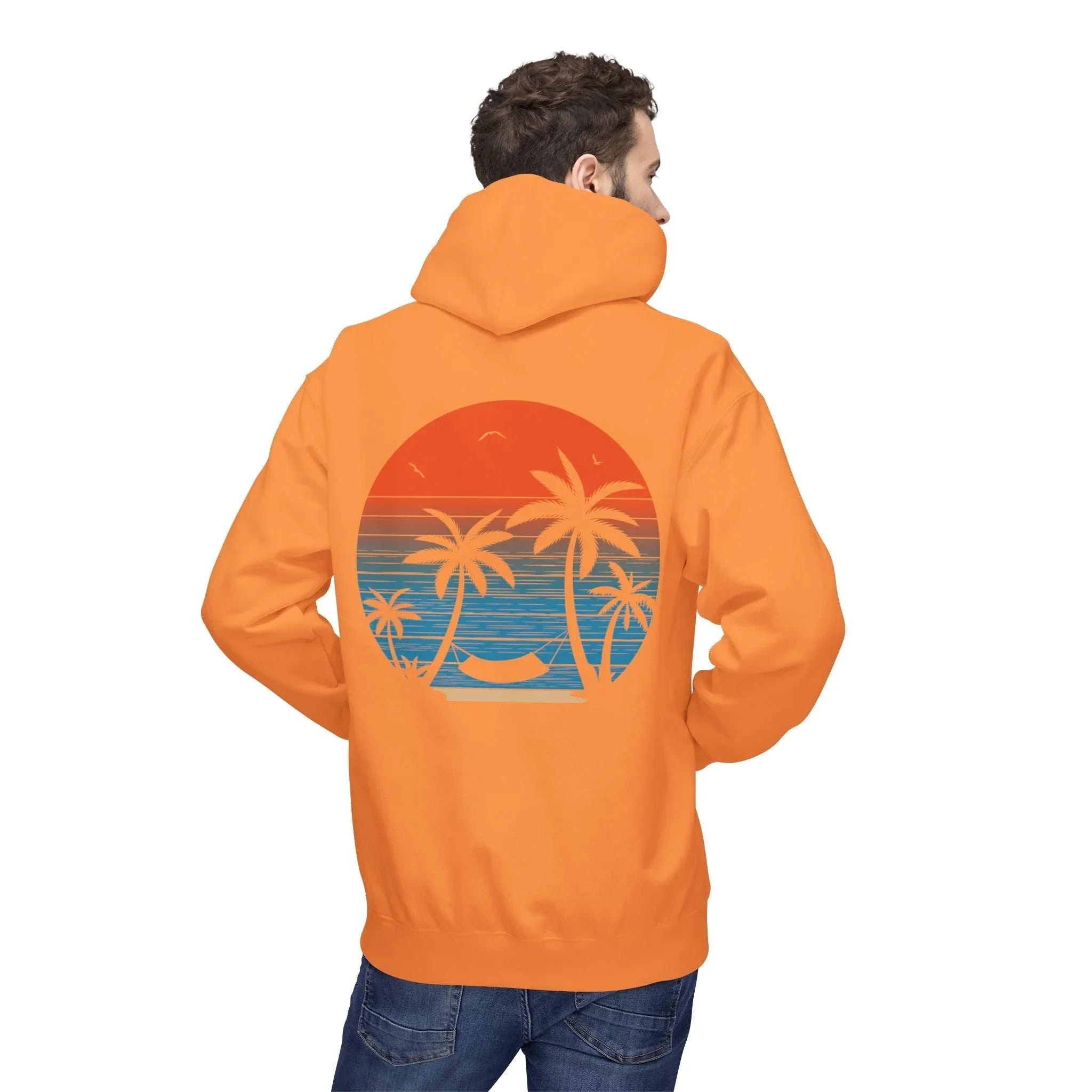 Cozy Beach Sunset Vibes Fleece Hoodie with Palm Tree Design