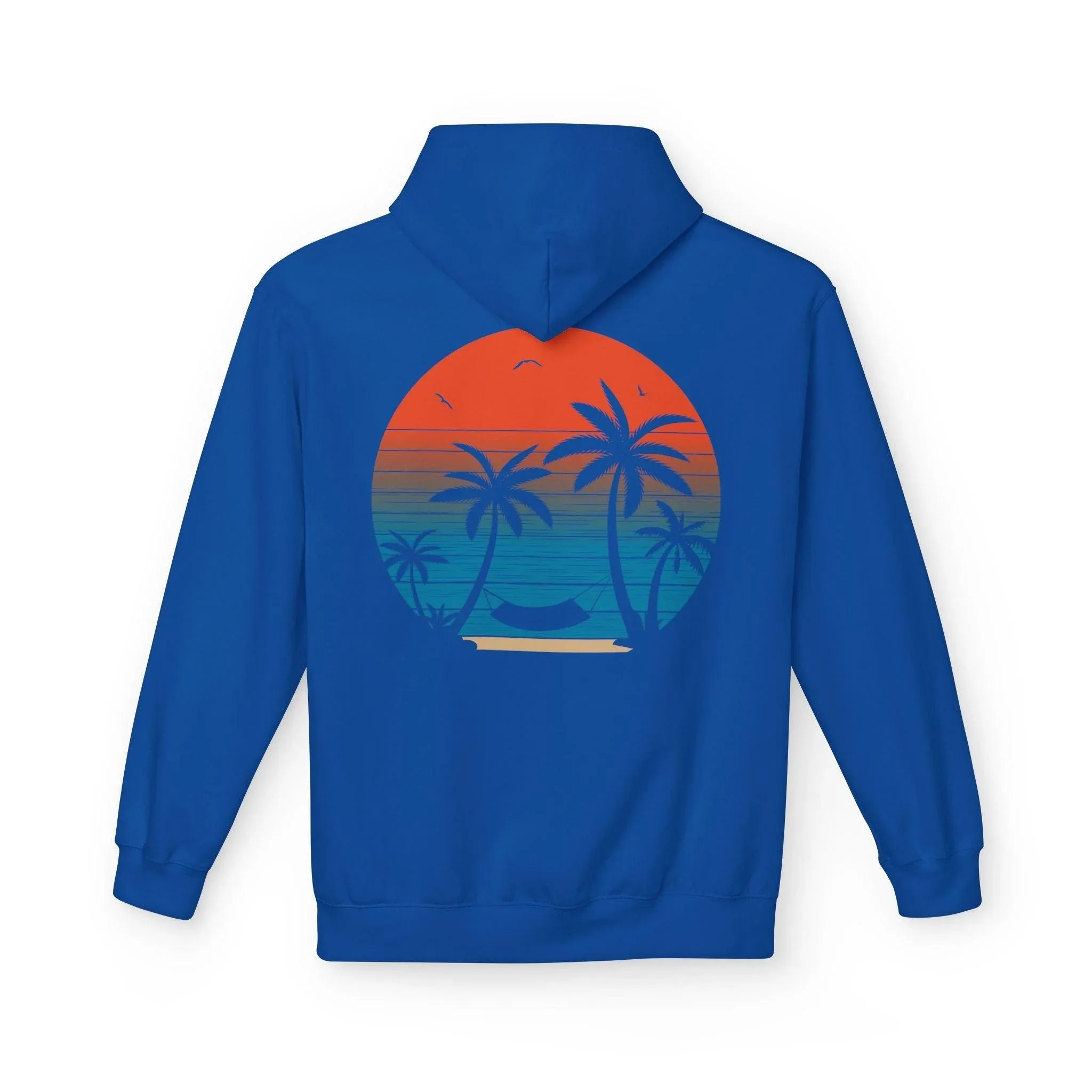 Cozy Beach Sunset Vibes Fleece Hoodie with Palm Tree Design