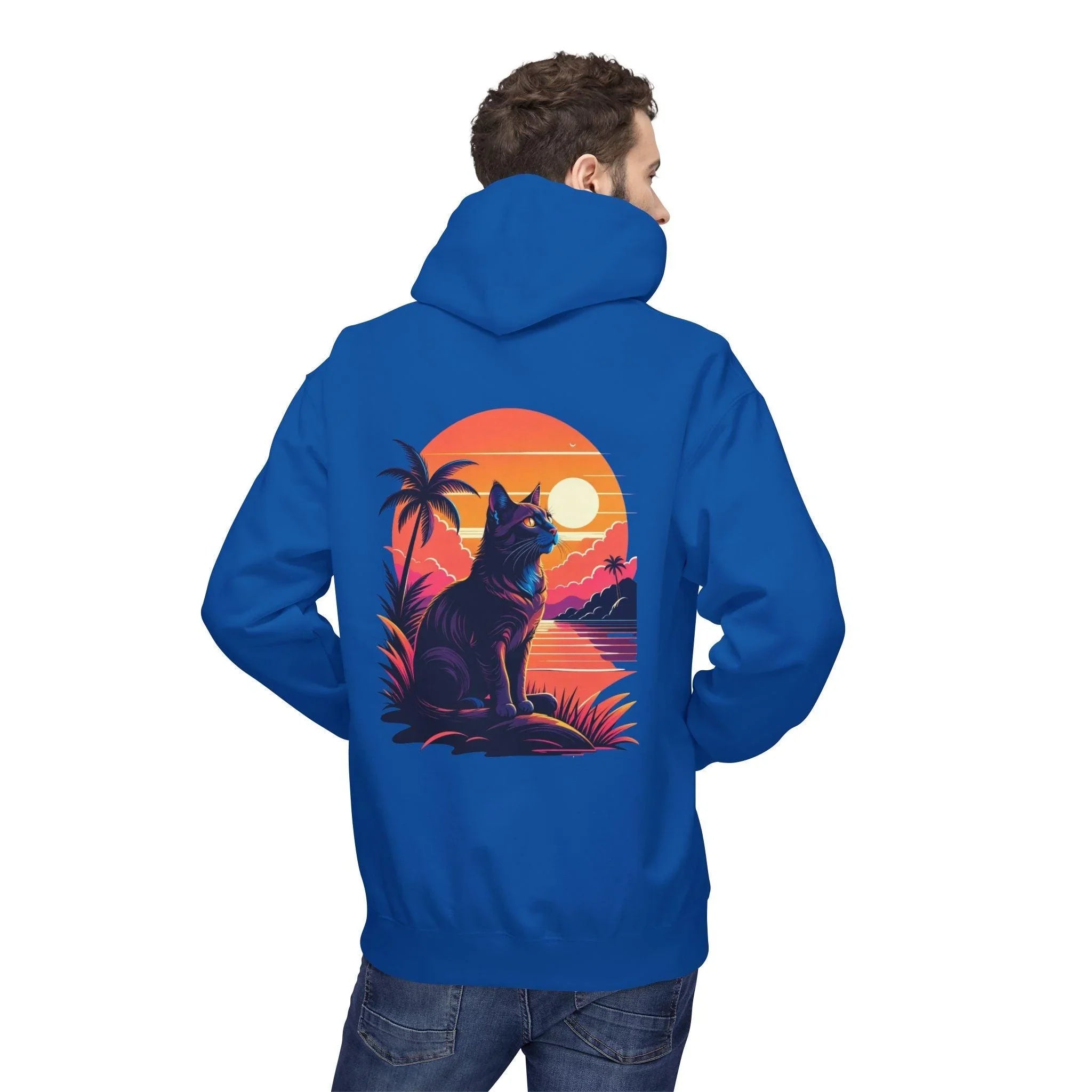 Cozy Cat Lover's Retro Sunset Fleece Hoodie