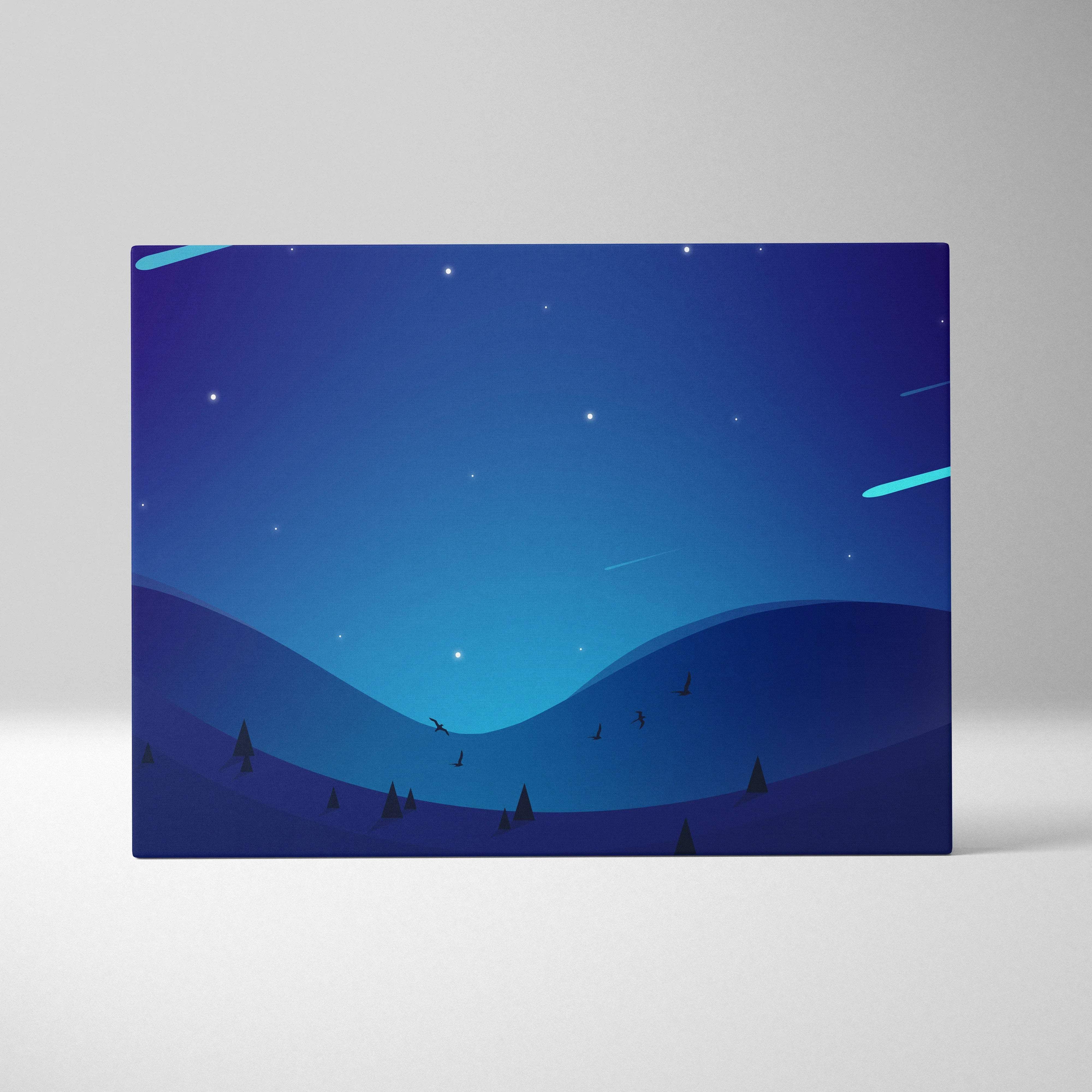 Minimalist meteor shower over blue hills canvas art in navy cyan night sky