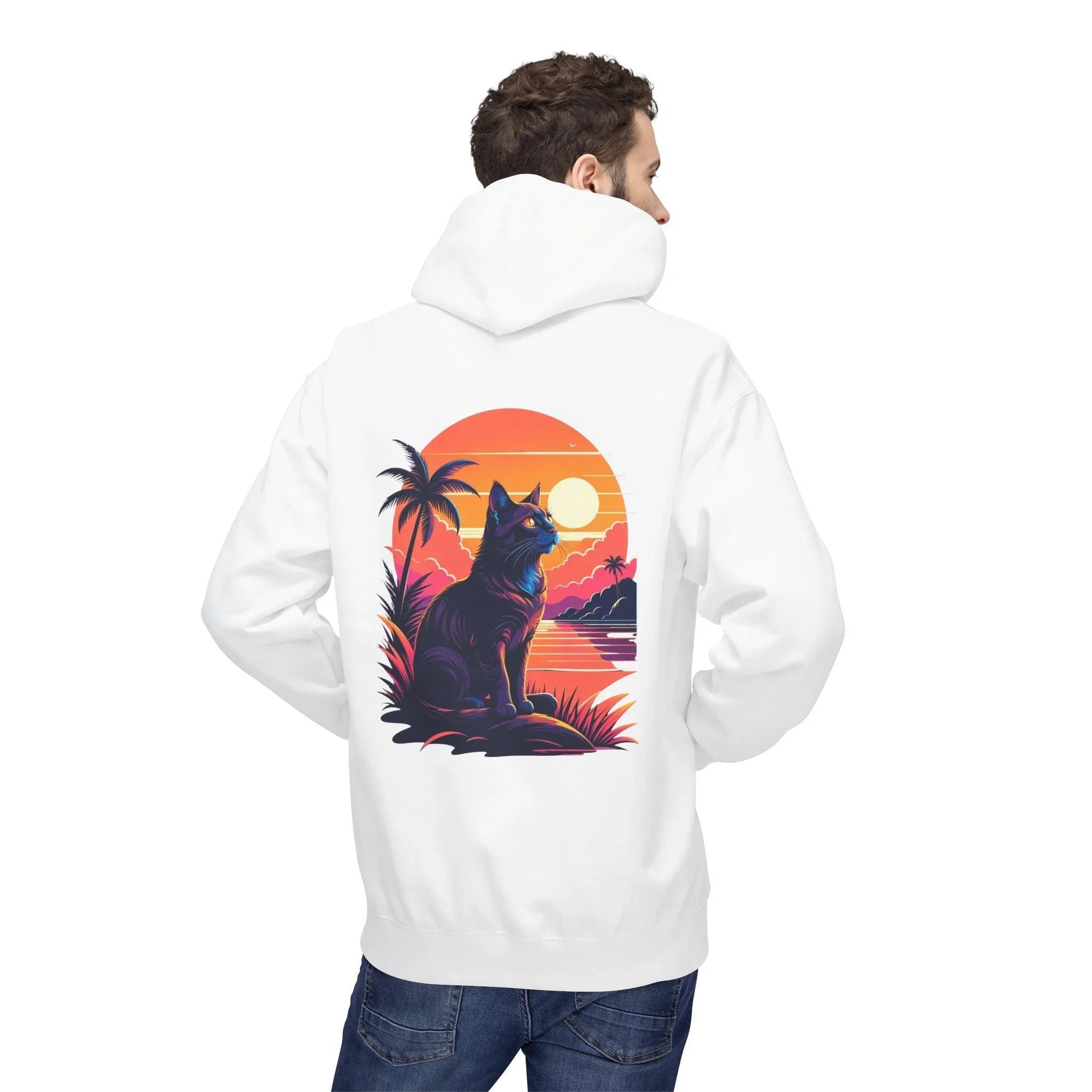 Cozy Cat Lover's Retro Sunset Fleece Hoodie