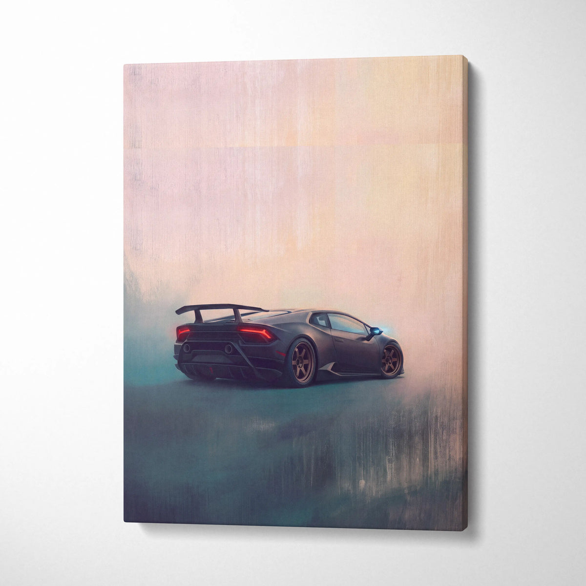 Black lamborghini huracán canvas print featuring sleek sporty design with glowing red taillights and rear spoiler