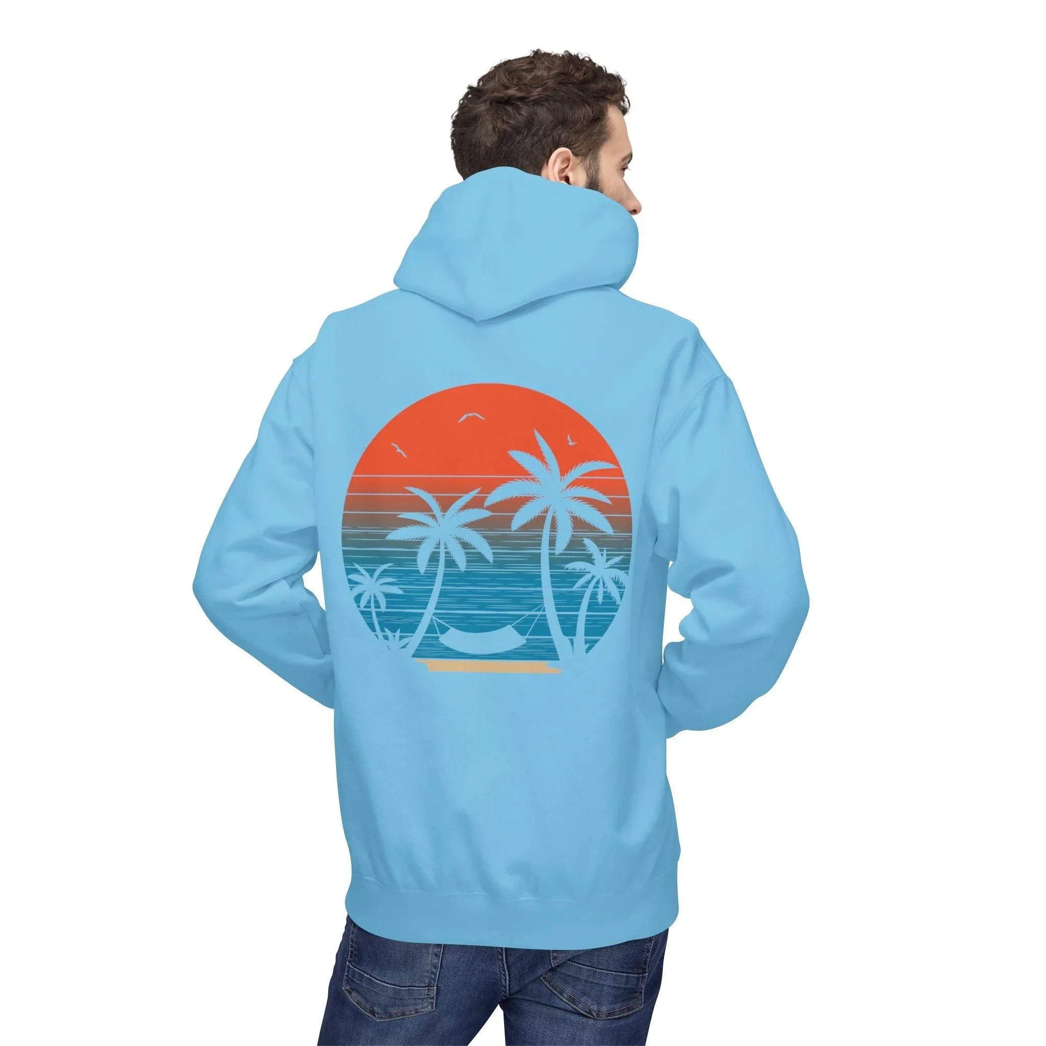 Cozy Beach Sunset Vibes Fleece Hoodie with Palm Tree Design
