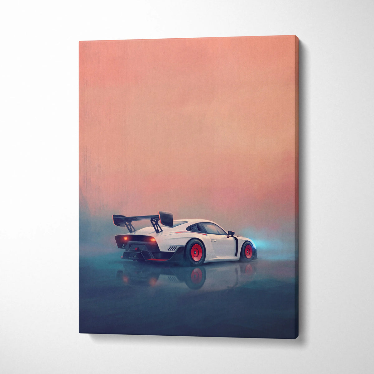 Porsche 935 inspired canvas art featuring white sports car with red wheels and black rear spoiler premium wall decor