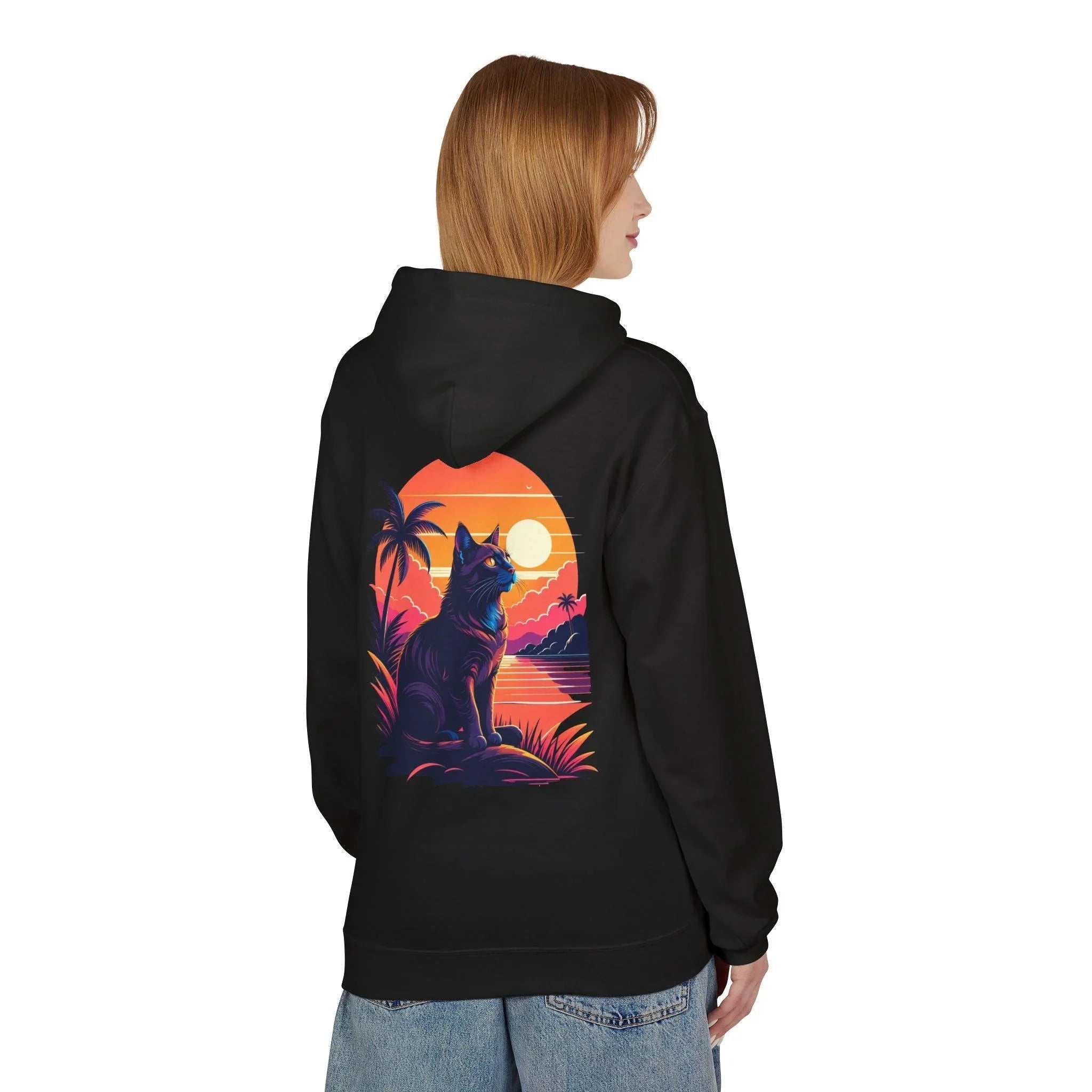 Cozy Cat Lover's Retro Sunset Fleece Hoodie